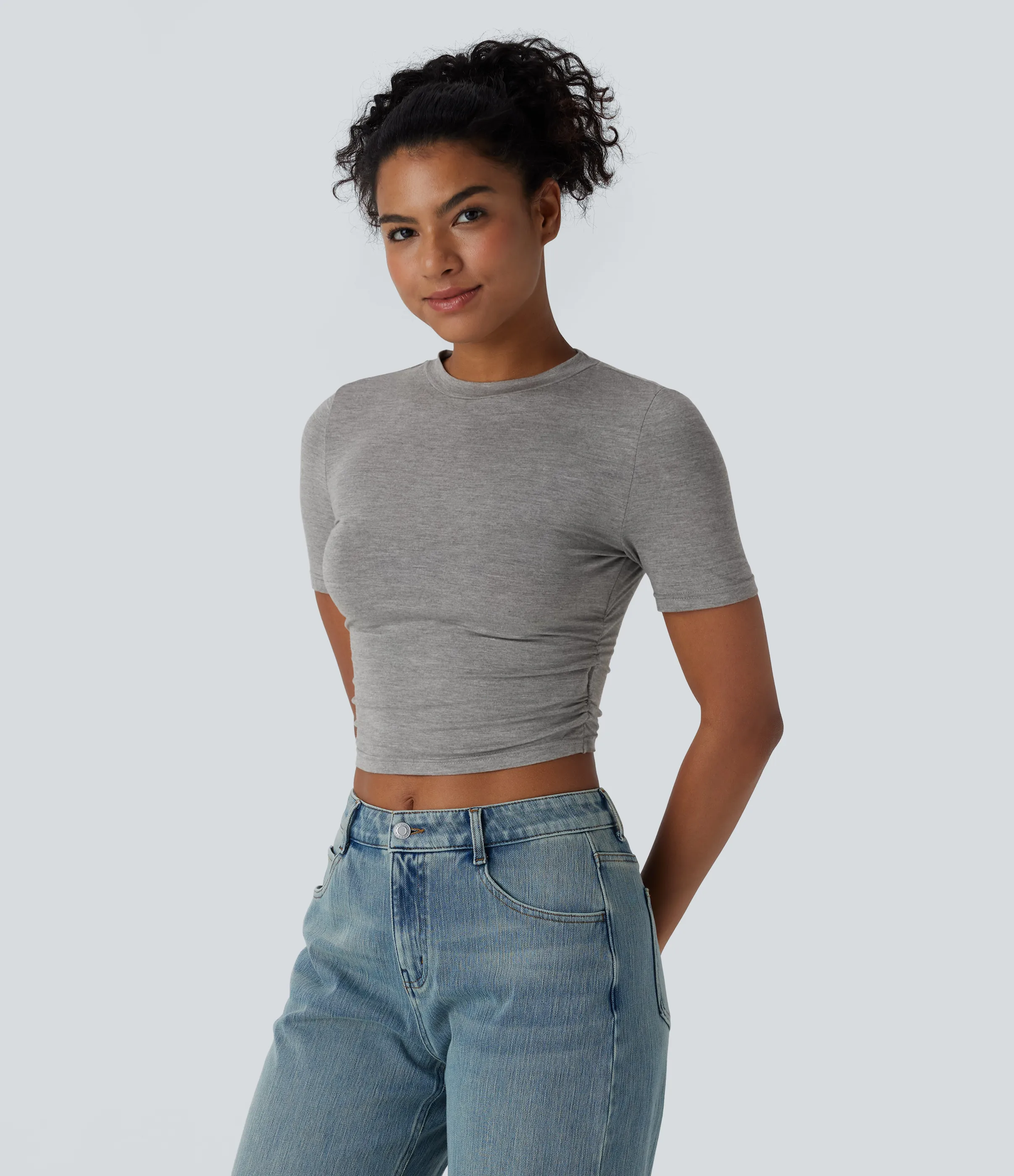 Halara Camiseta recortada ajustada pliegue manga corta cuello redondo - Fog Gray - L sold by Halara product image thumbnail 4