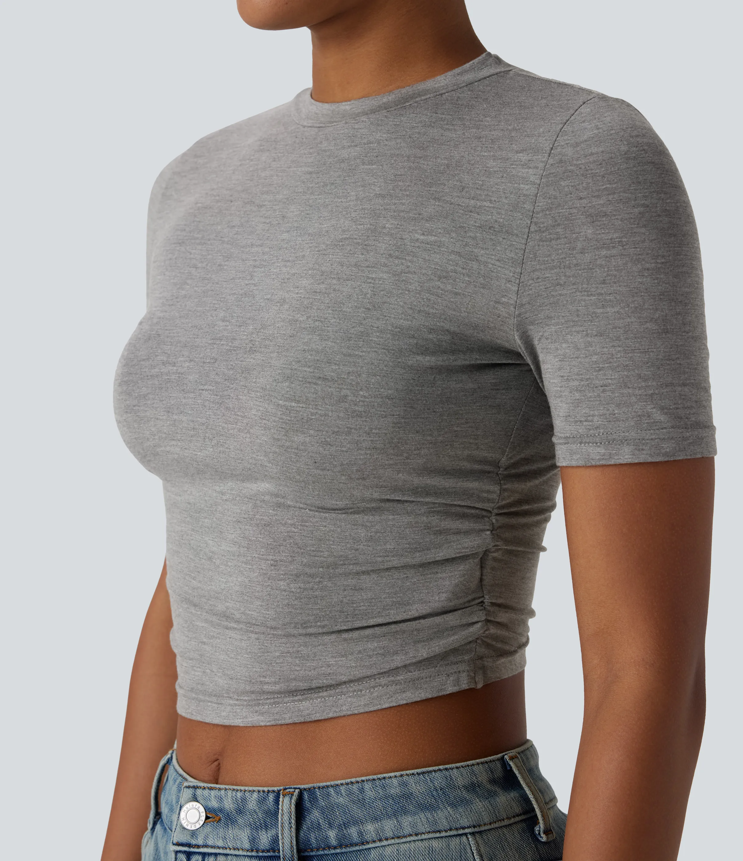 Halara Camiseta recortada ajustada pliegue manga corta cuello redondo - Fog Gray - L sold by Halara product image thumbnail 5