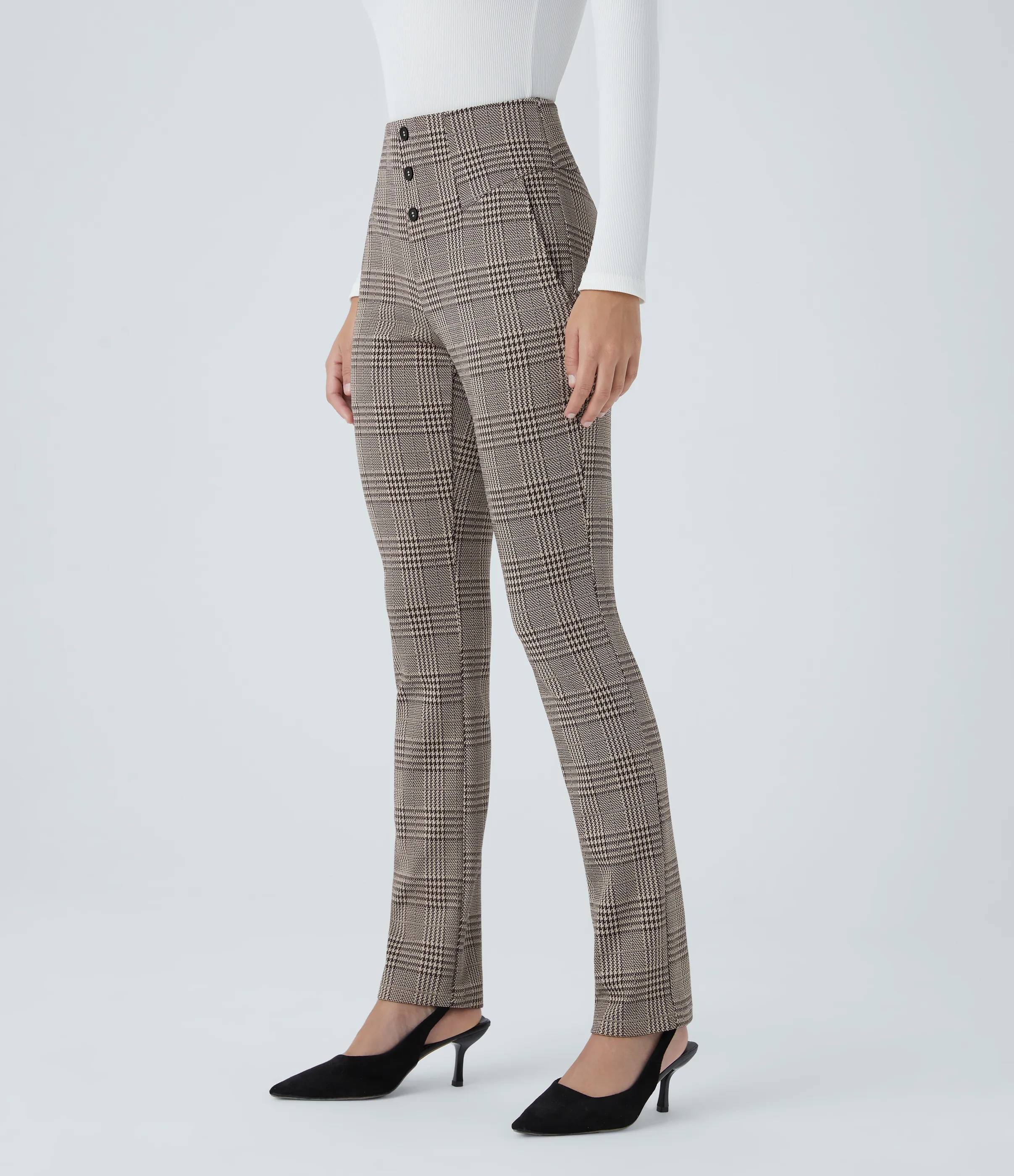 Halara Pantalón Halara Flex™ oficina ajustado pata gallo bolsillo lateral botón decorativo tiro alto - Brown Houndstooth Plaid - XL(tall) sold by Halara product image thumbnail 4
