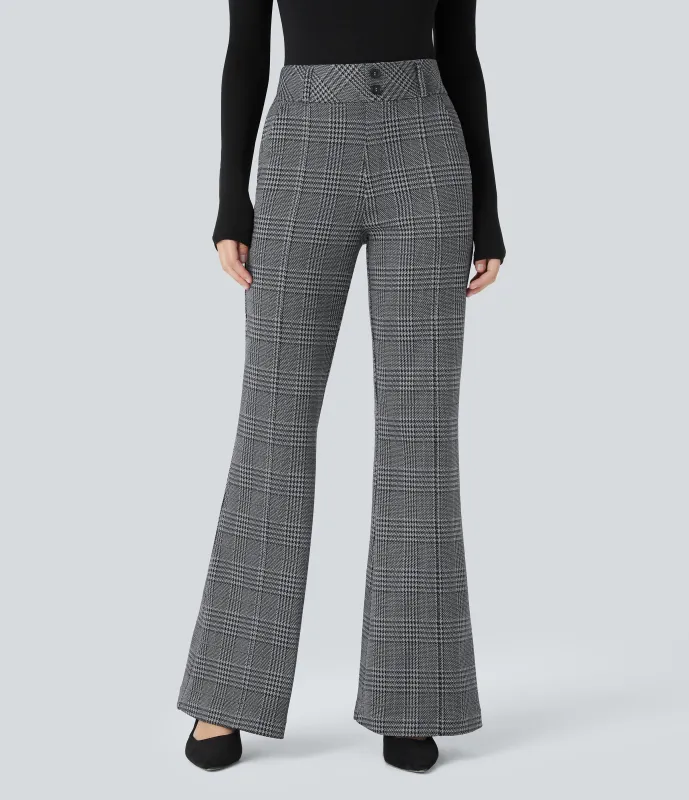 Halara Pantalón Halara Flex™ acampanado oficina pata gallo bolsillo lateral botón decorativo tiro alto - Dark Gray Plaid - S(regular) made by Halara