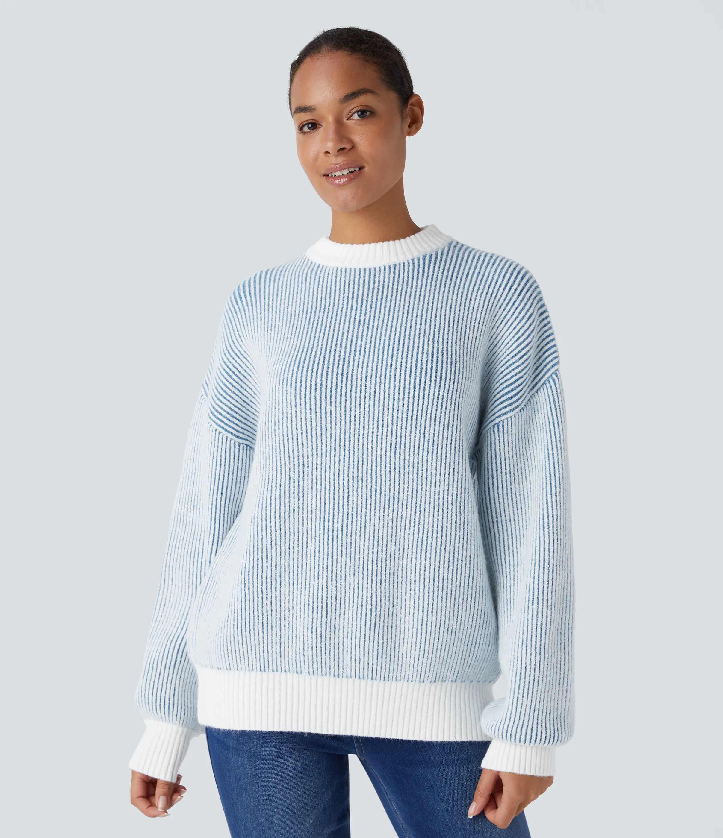 Halara Suéter rayas bloque color manga larga cuello redondo - Pearl Blue - XS sold by Halara product image thumbnail 2