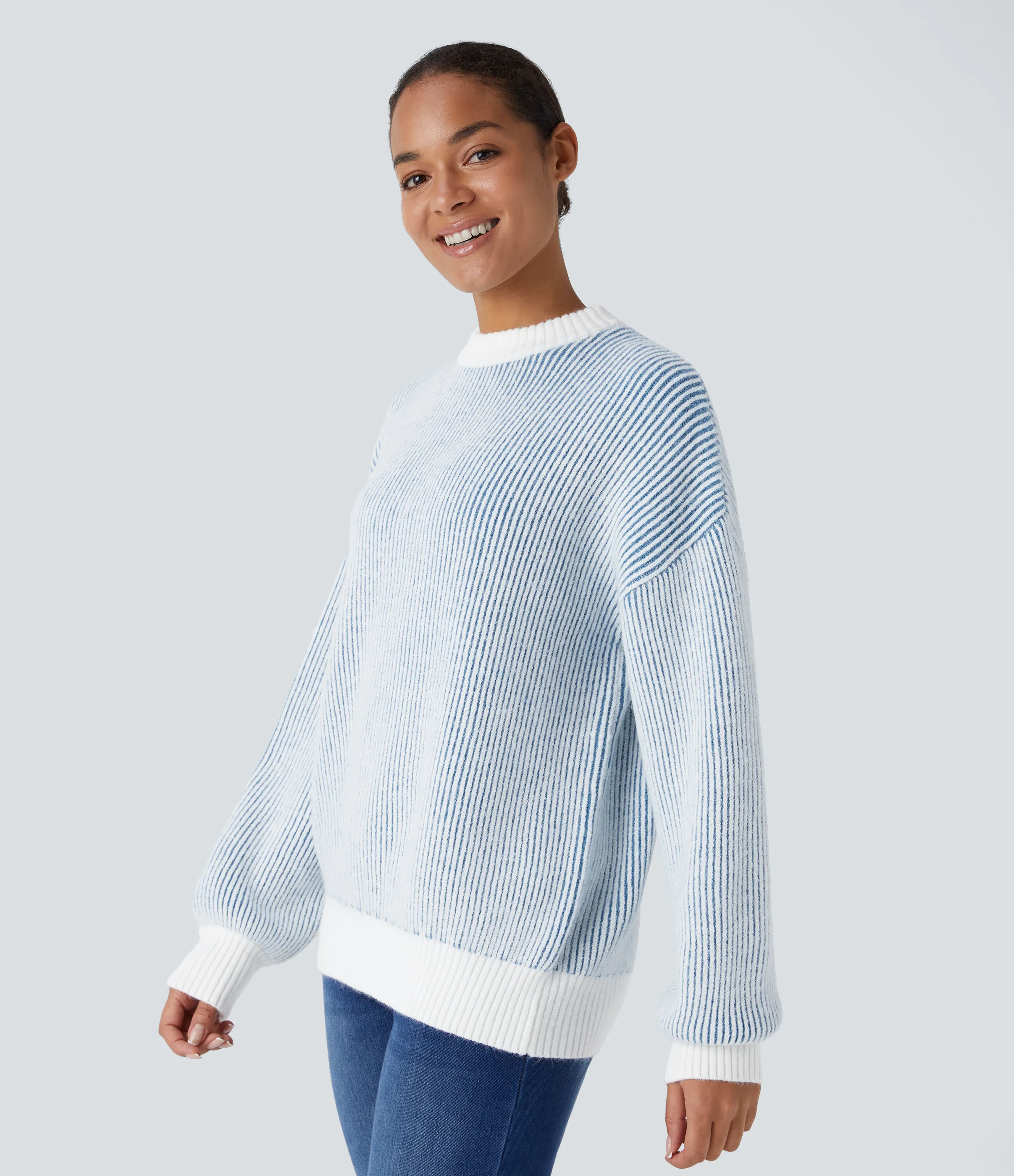 Halara Suéter rayas bloque color manga larga cuello redondo - Pearl Blue - XS sold by Halara product image thumbnail 4