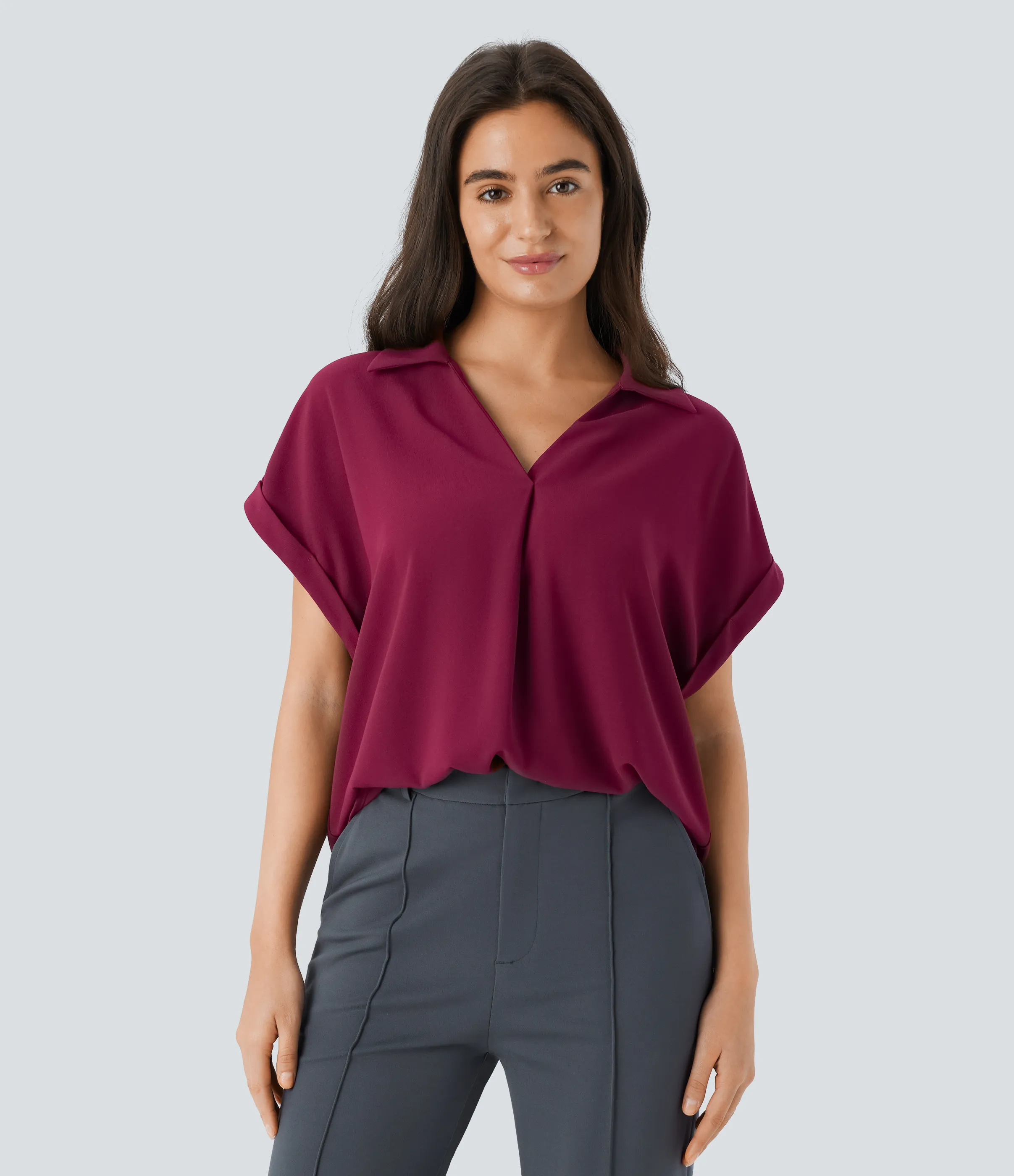 Halara Camisa oficina cuello V manga corta dobladillo curvo - Beet Red - XL sold by Halara