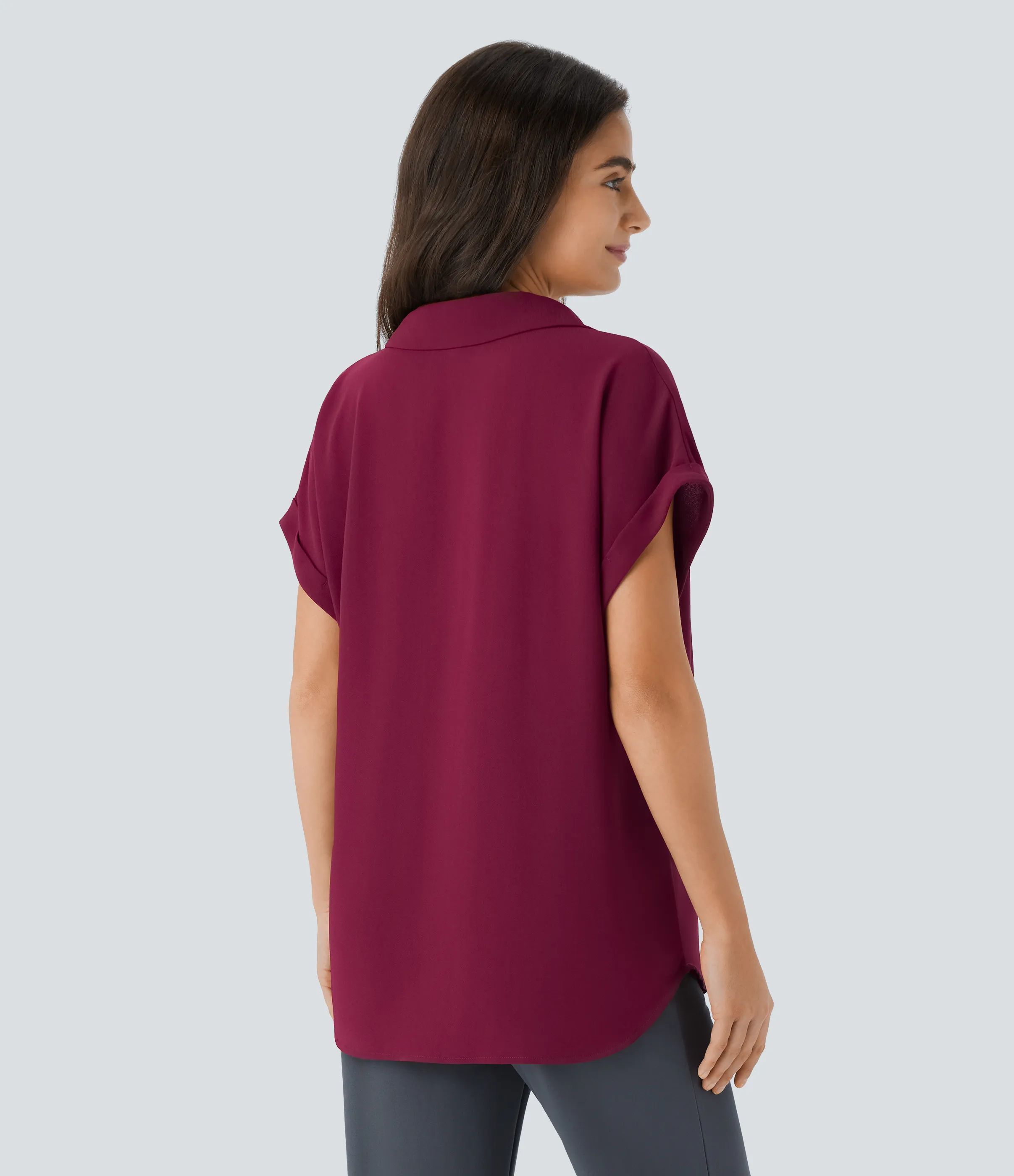 Halara Camisa oficina cuello V manga corta dobladillo curvo - Beet Red - XL sold by Halara product image thumbnail 3