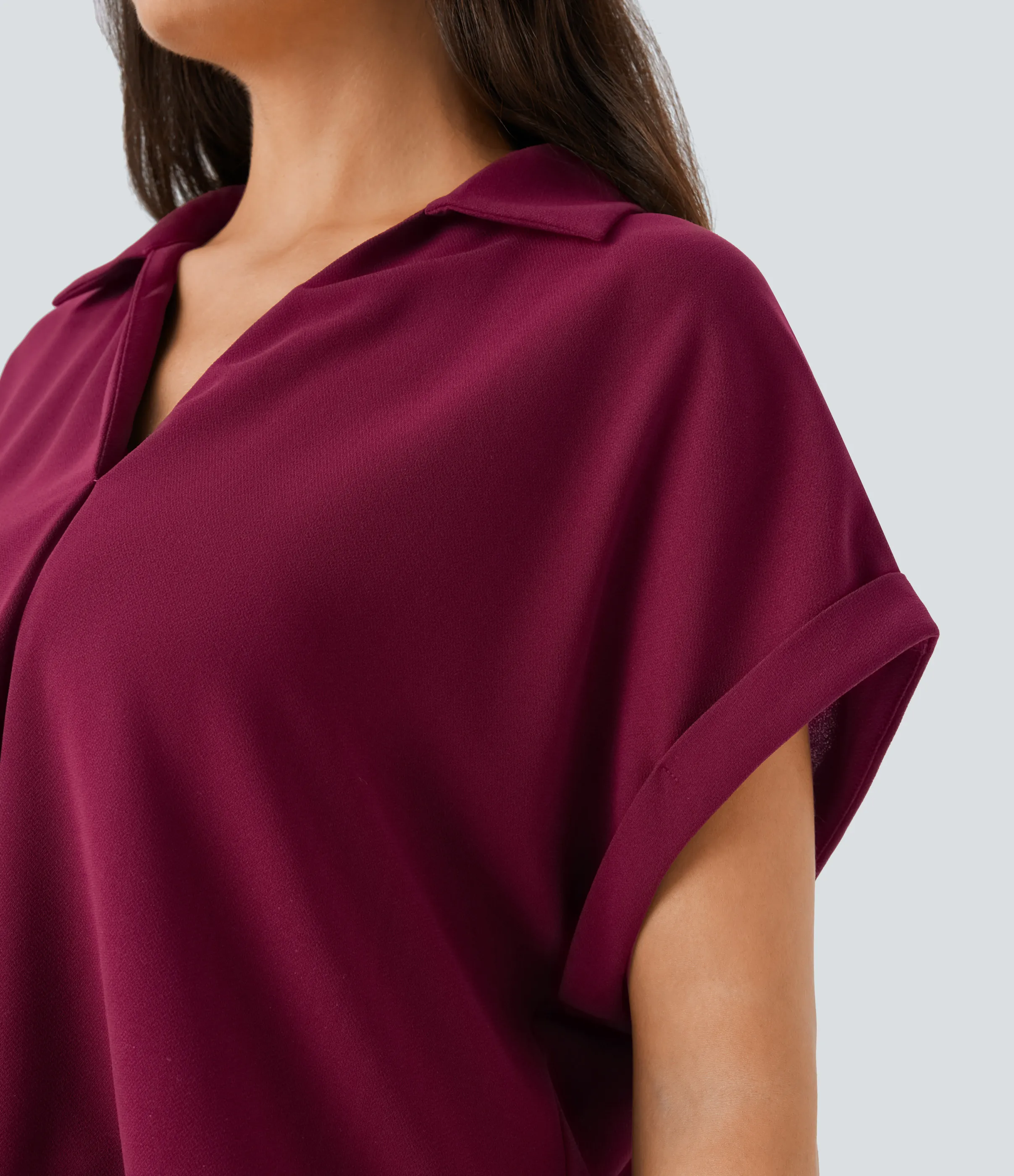 Halara Camisa oficina cuello V manga corta dobladillo curvo - Beet Red - XL sold by Halara product image thumbnail 5