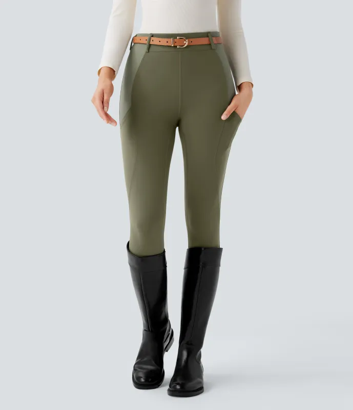 Halara Leggings Softlyzero™ montar caballo tiro alto bolsillo lateral ribete malla contrastante 7/8 - UPF50+ - Grass Grey Green - L(7/8) sold by Halara