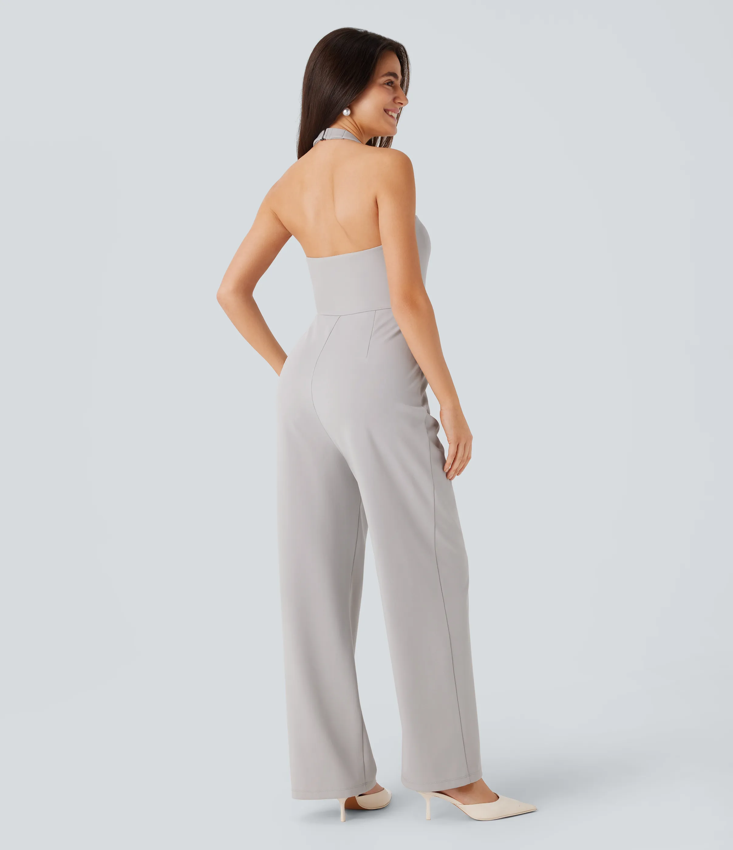 Halara Mono dama honor invitada boda bolsillo solapa sin espalda gancho G ajustable cuello halter - Dawn Blue - S(regular) sold by Halara product image thumbnail 3
