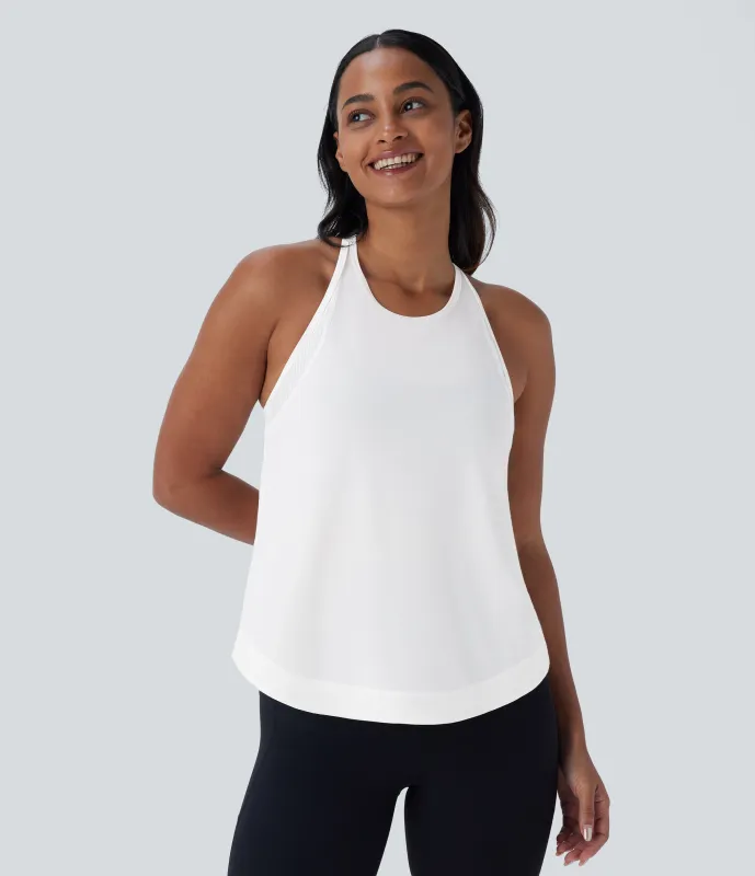 Halara Camiseta sin mangas correr secado rápido rayas dobladillo curvo espalda cruzada - White - M sold by Halara