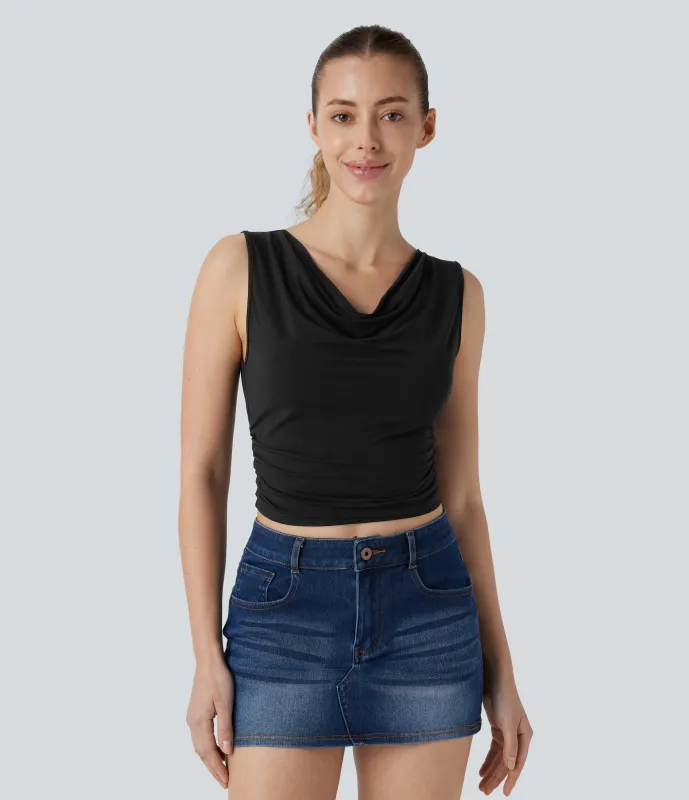 Halara Top corto fruncido sin mangas cuello vuelto - Black - L made by Halara