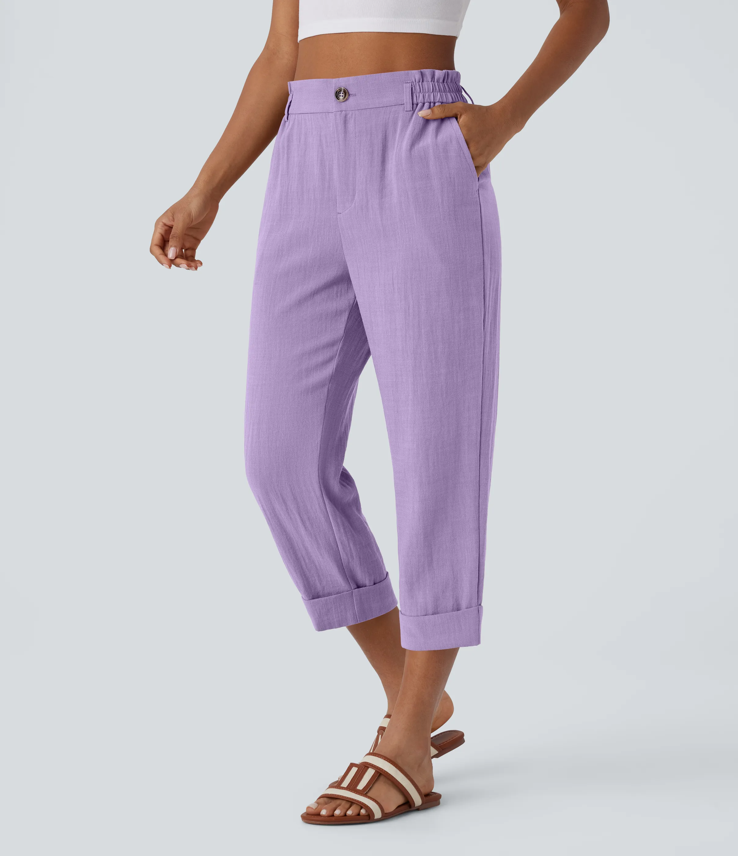 Halara Pantalón capri lino tiro alto bolsillo lateral cremallera botón - Lilac Breeze - XS(regular) sold by Halara product image thumbnail 2