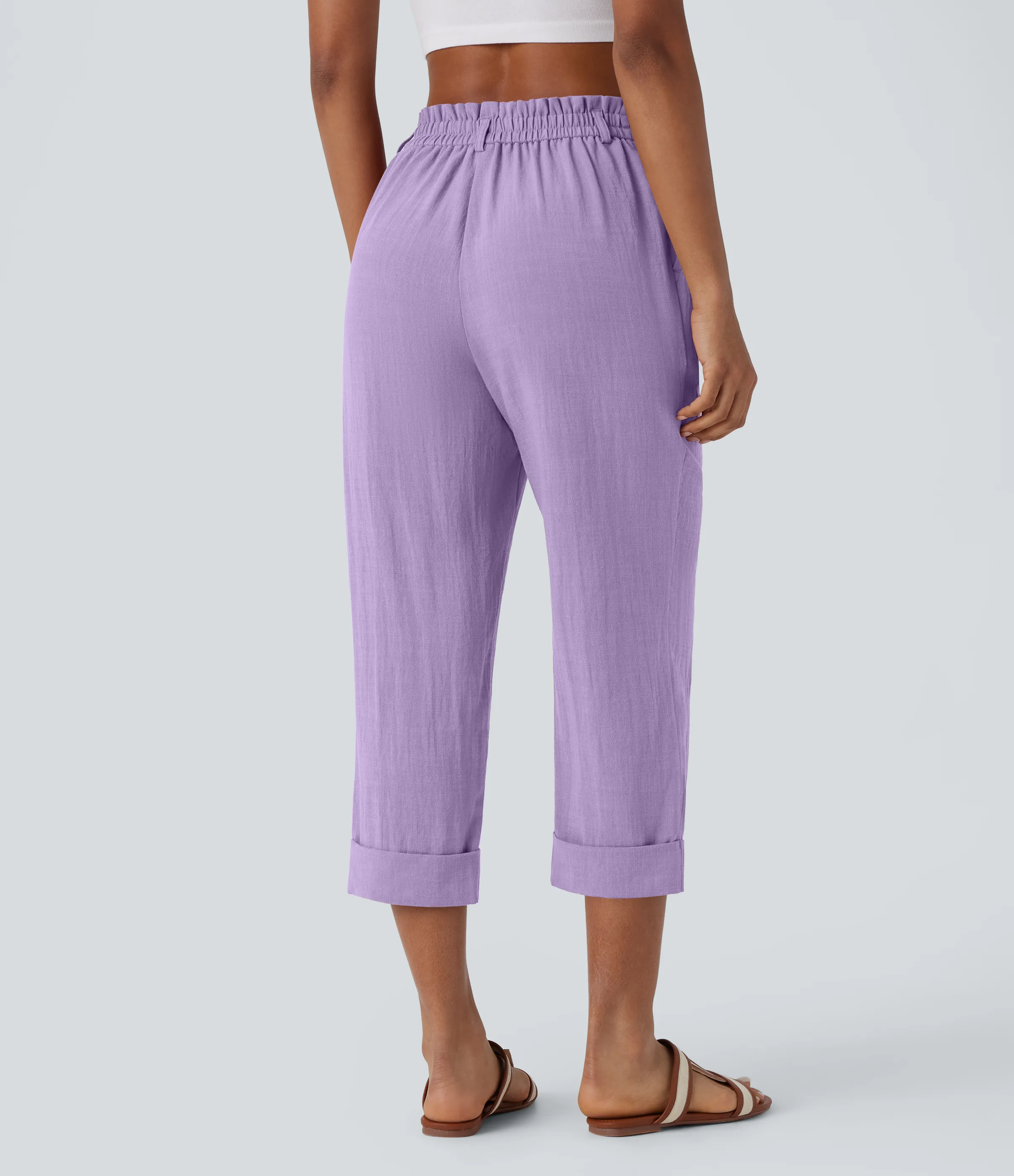Halara Pantalón capri lino tiro alto bolsillo lateral cremallera botón - Lilac Breeze - XS(regular) sold by Halara product image thumbnail 3