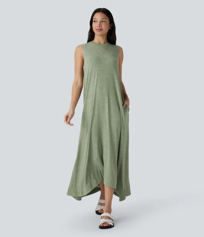 Halara Vestido maxi holgado cuello redondo sin mangas bolsillo lateral corte alto bajo - Light Green Floral Yarn - XS made by Halara