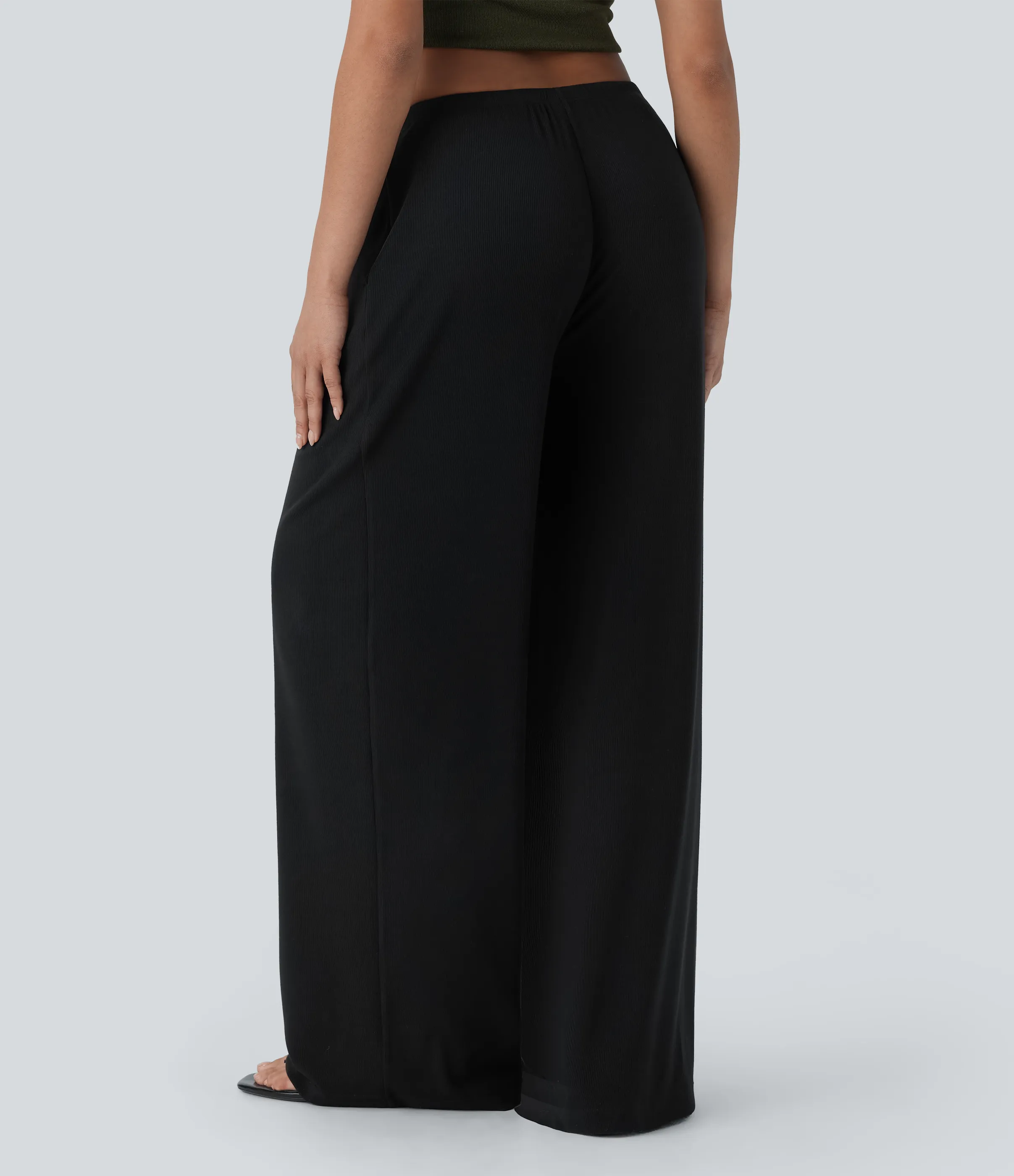 Halara Pantalones casuales anchos y holgados de tiro bajo elásticos, acanalados y agradables al tacto con cordón y bolsillos laterales - Black - XL(regular) sold by Halara product image thumbnail 3