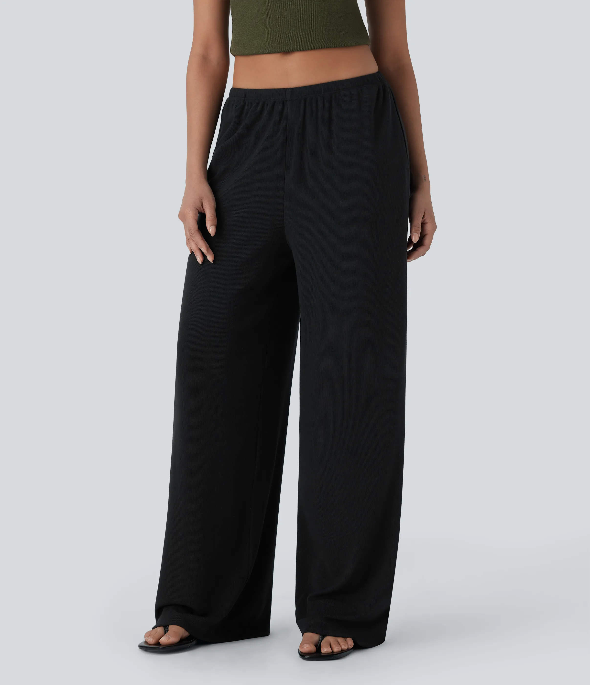 Halara Pantalones casuales anchos y holgados de tiro bajo elásticos, acanalados y agradables al tacto con cordón y bolsillos laterales - Black - XL(regular) sold by Halara product image thumbnail 5