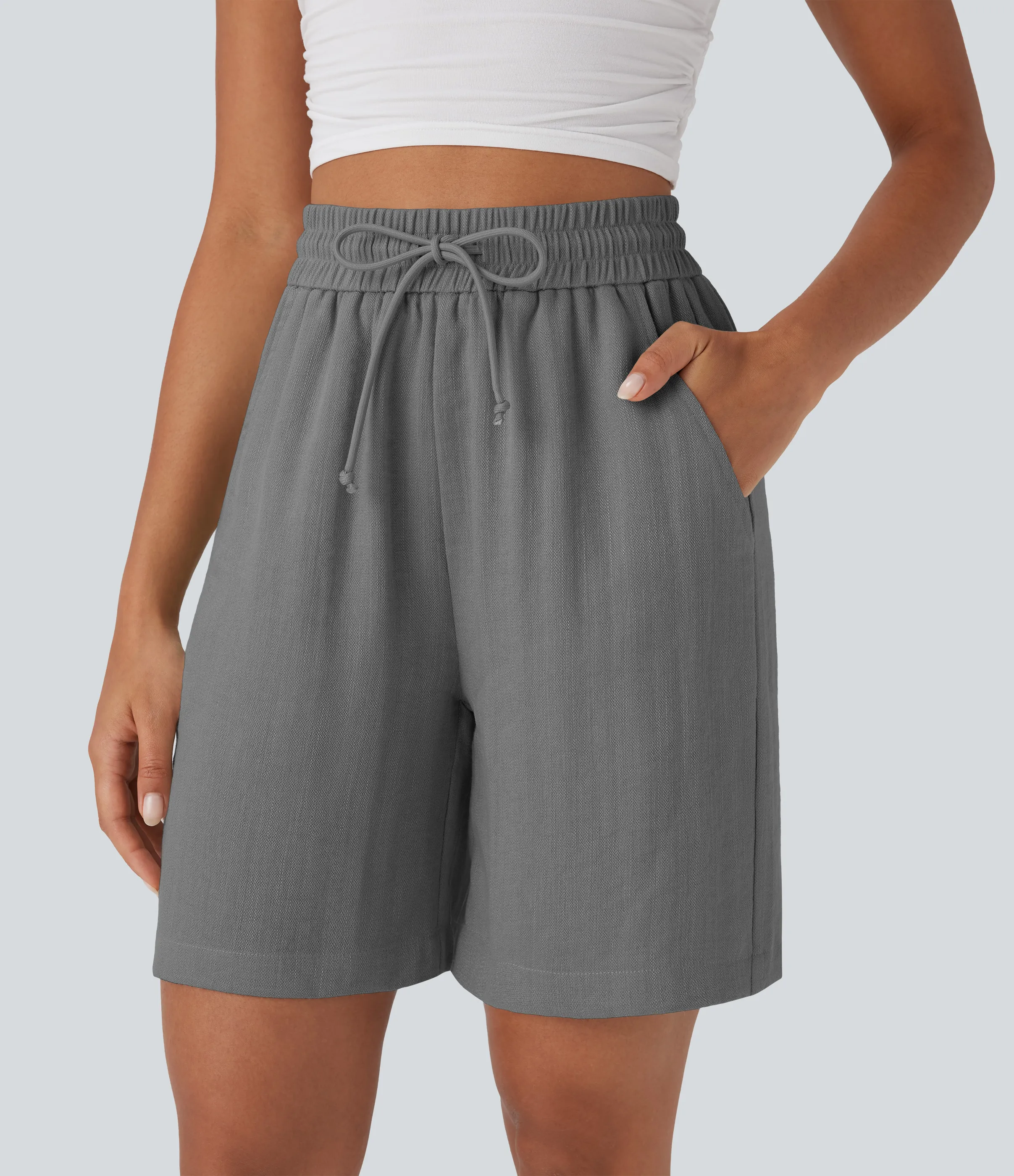 Halara Shorts casuales de lino con tiro alto y cordón ajustable con bolsillos laterales - Steel Gray - M sold by Halara product image thumbnail 4