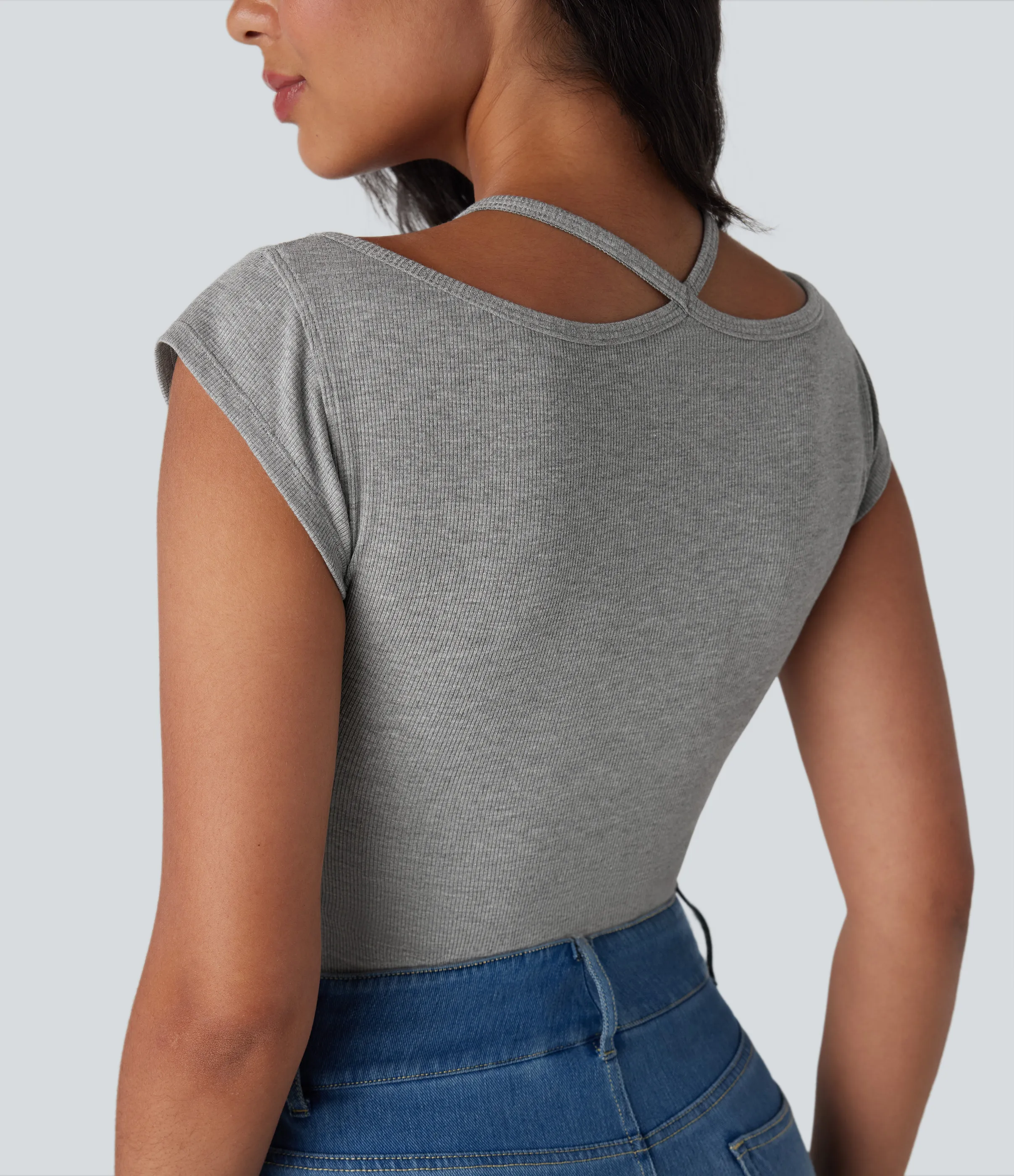 Halara Top encaje acanalado manga corta cuello halter súper elástico agradable para piel - Fog Gray - L sold by Halara product image thumbnail 5
