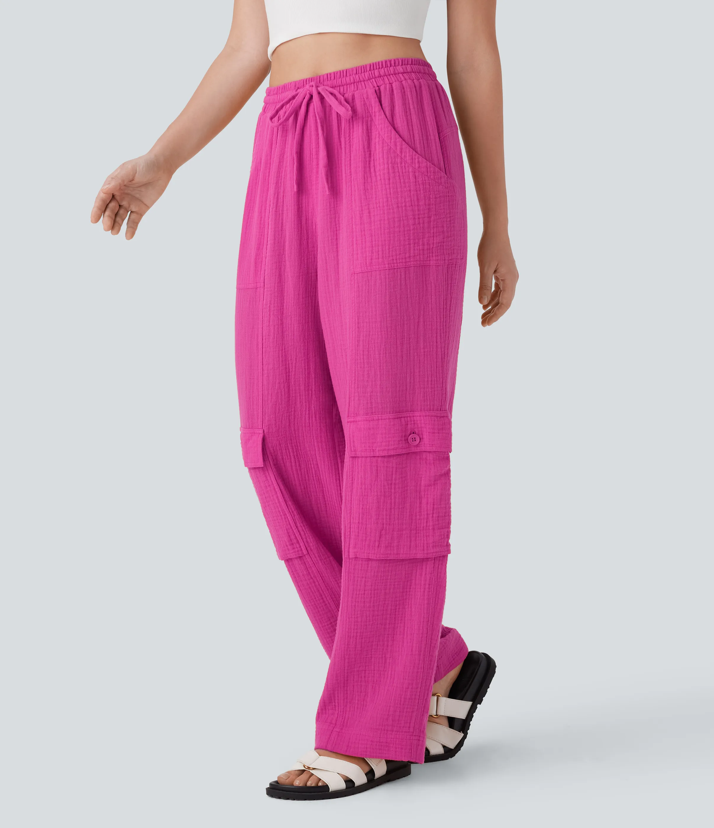 Halara Pantalones cargo casuales de algodón con tiro alto, cordón ajustable y pierna ancha con bolsillos - Fuchsia Fedora - M(regular) sold by Halara product image thumbnail 2