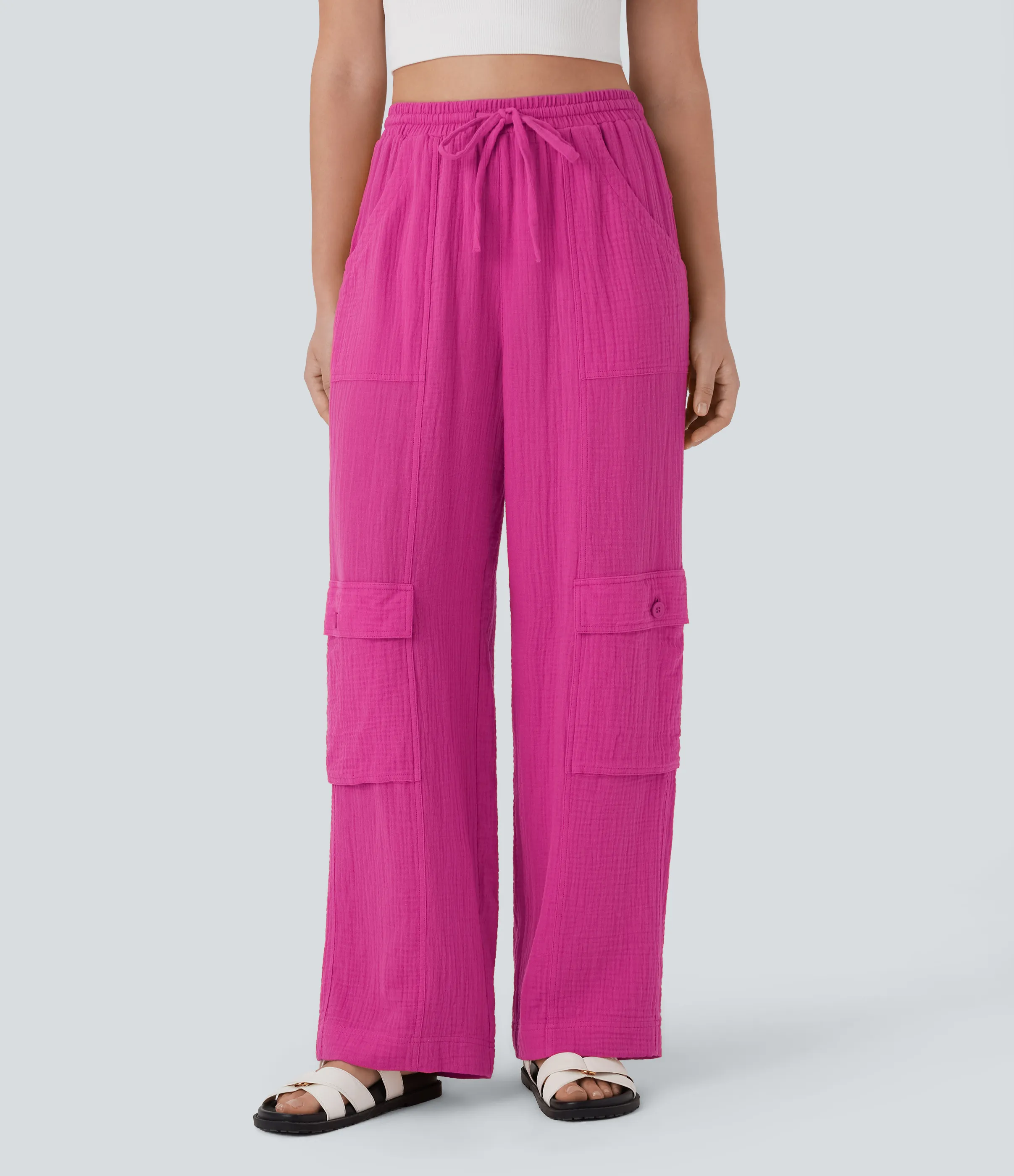 Halara Pantalones cargo casuales de algodón con tiro alto, cordón ajustable y pierna ancha con bolsillos - Fuchsia Fedora - M(regular) sold by Halara product image thumbnail 4