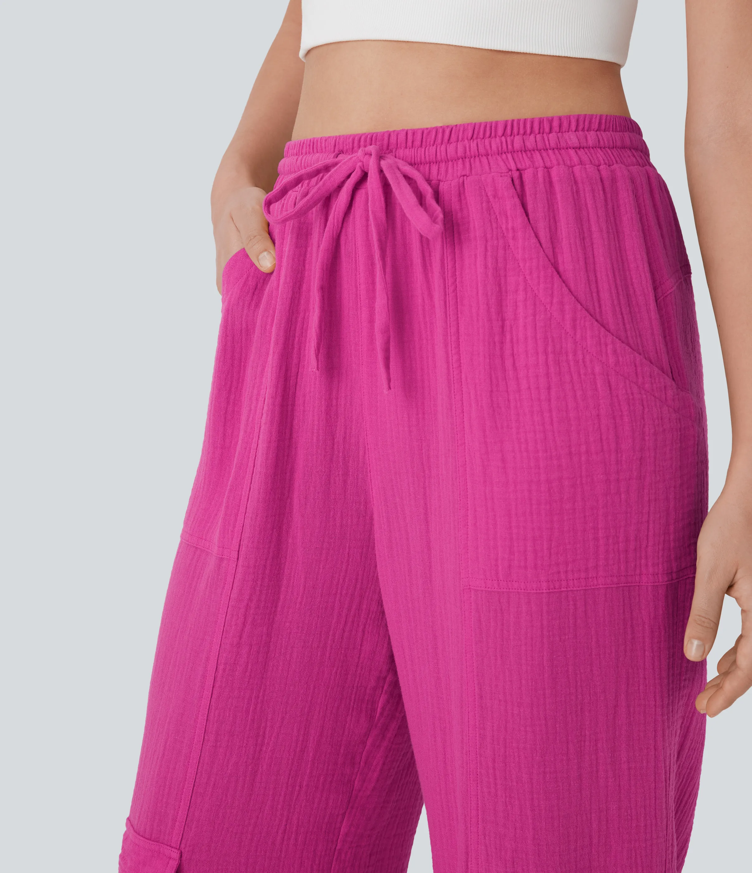 Halara Pantalones cargo casuales de algodón con tiro alto, cordón ajustable y pierna ancha con bolsillos - Fuchsia Fedora - M(regular) sold by Halara product image thumbnail 5
