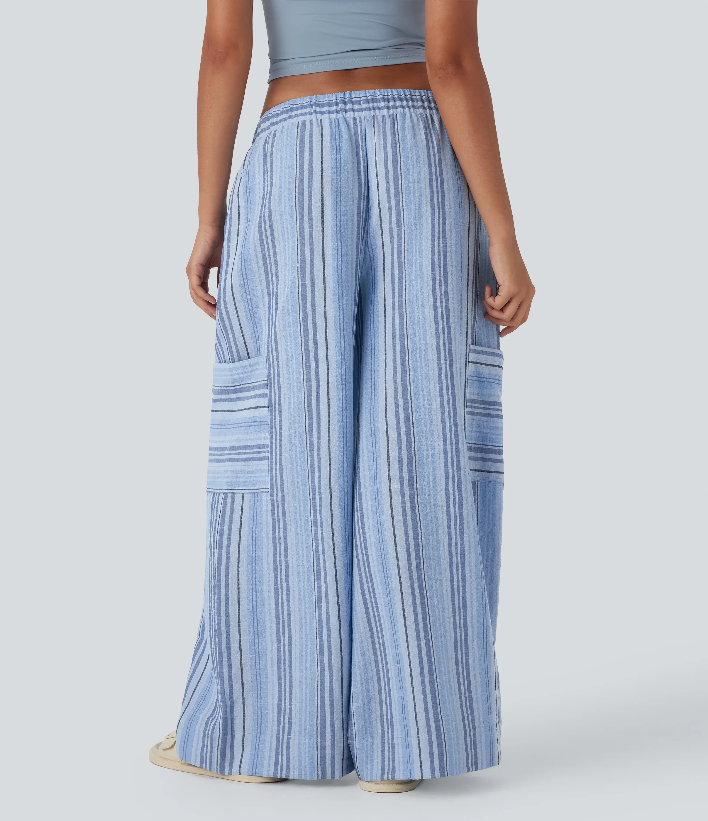 Halara Pantalones casuales y anchos de lino a rayas con tiro bajo, cordón ajustable y múltiples bolsillos - Bohemia Yarn Dye Blue Stripe - L(regular) sold by Halara product image thumbnail 3