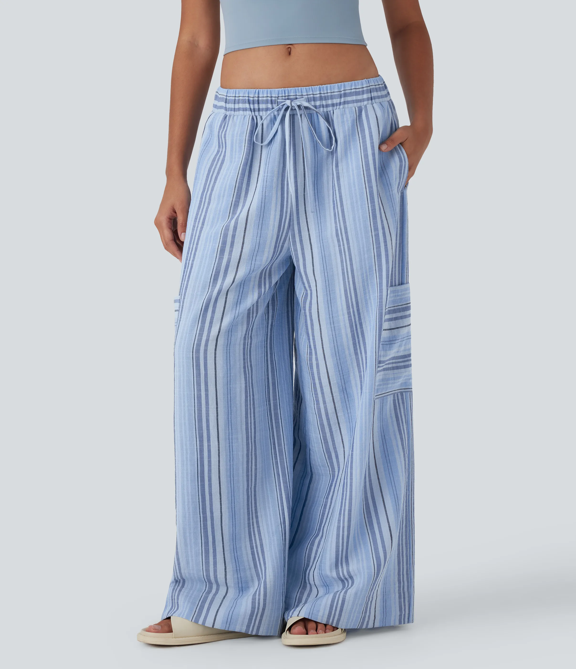 Halara Pantalones casuales y anchos de lino a rayas con tiro bajo, cordón ajustable y múltiples bolsillos - Bohemia Yarn Dye Blue Stripe - L(regular) sold by Halara product image thumbnail 4