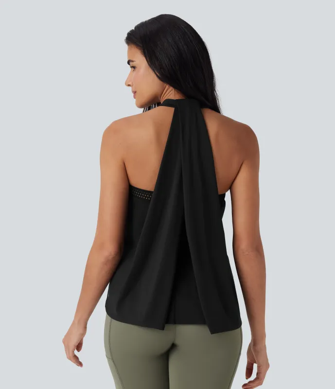 Halara Top de yoga Softlyzero™ Airy halter drapeado con espalda abierta y tacto fresco - UPF50+ - Black - XS sold by Halara