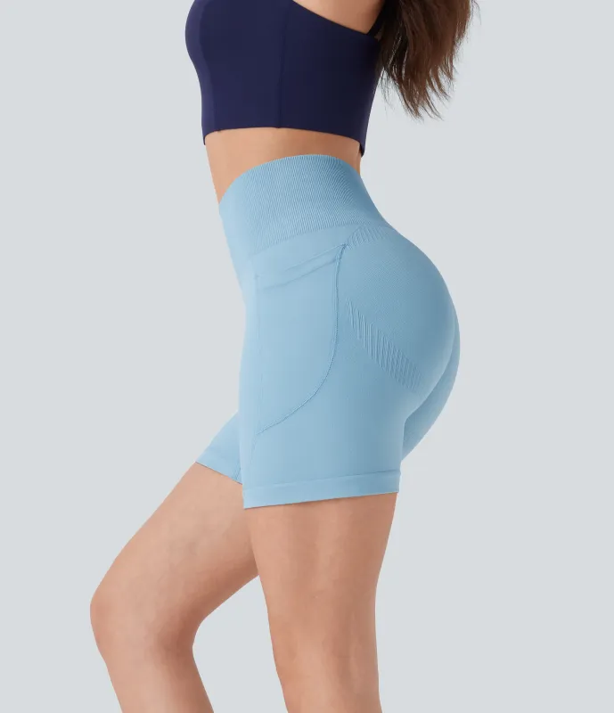 Halara Shorts de yoga de cintura alta y fluida sin costuras de 12.5 cm con bolsillos laterales - Aquamarine - XL made by Halara