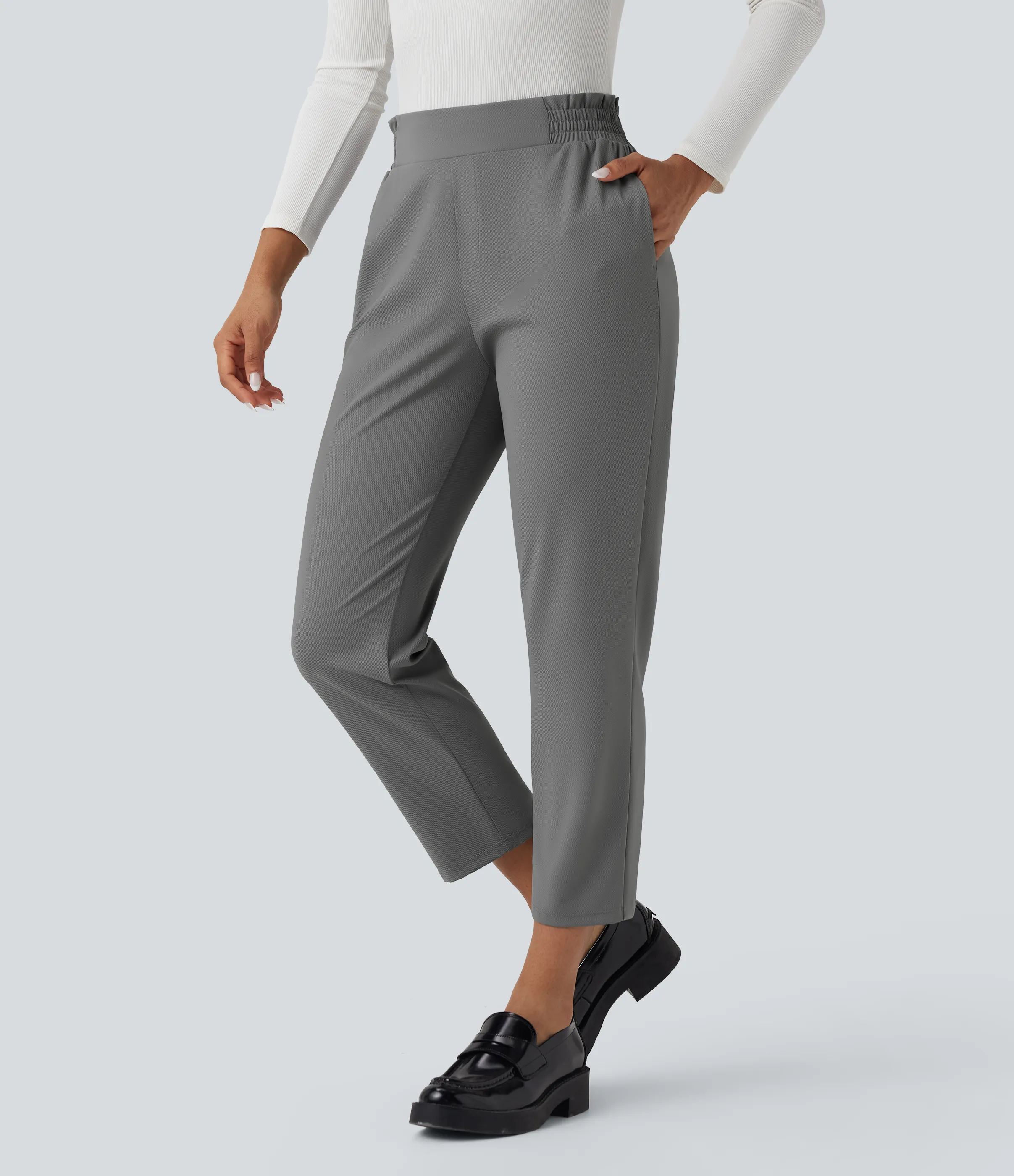 Halara Pantalones de oficina ajustados con secado rádpido de tiro medio con volantes y bolsillos - UPF 40+ - Steel Gray - XS(regular) sold by Halara product image thumbnail 4