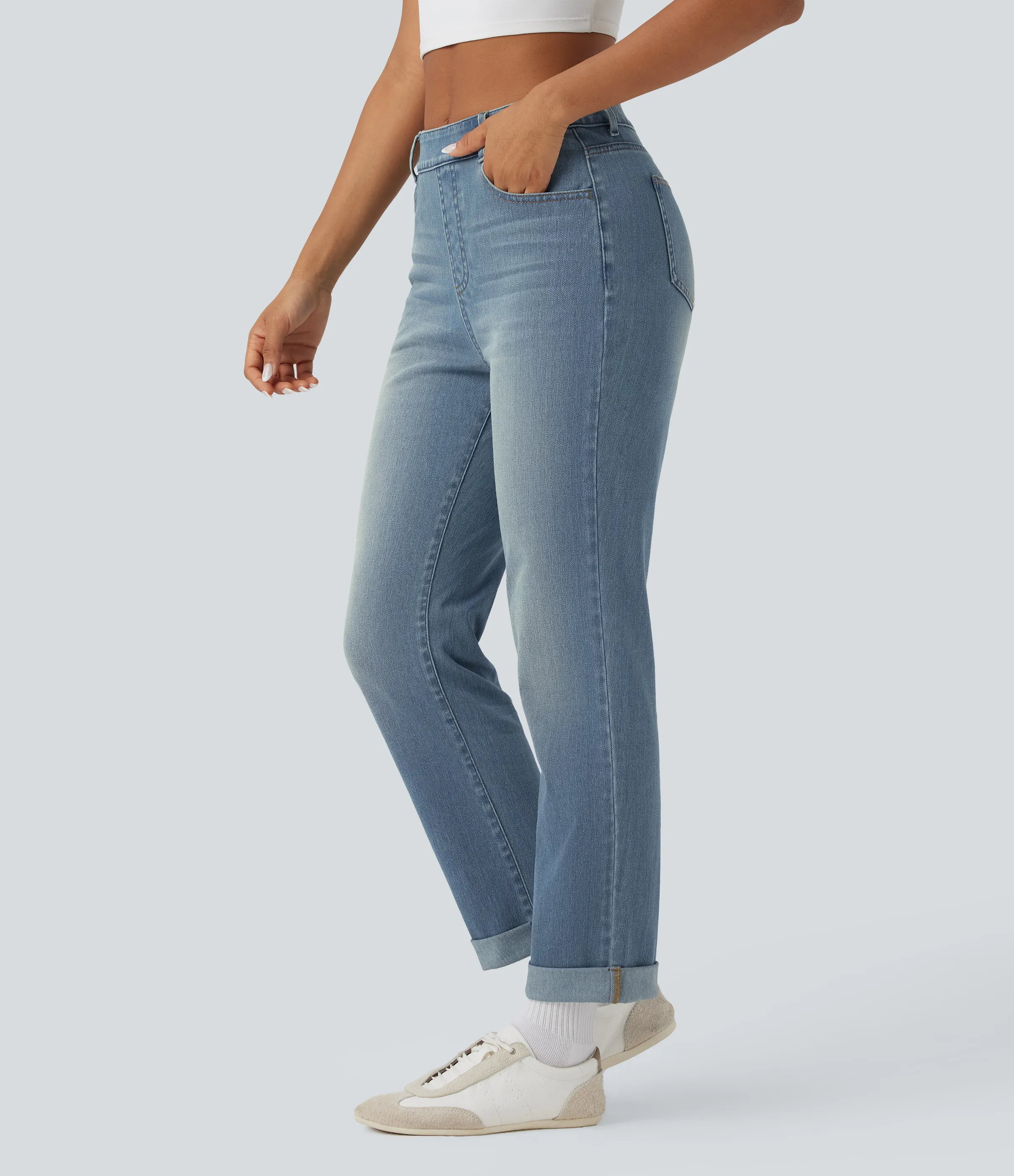 Halara Jeans ajustados casuales Halara Flex™ de tiro alto con dobladillo enrollado y bolsillos - Malibu Blue Denim - S(regular) sold by Halara product image thumbnail 4