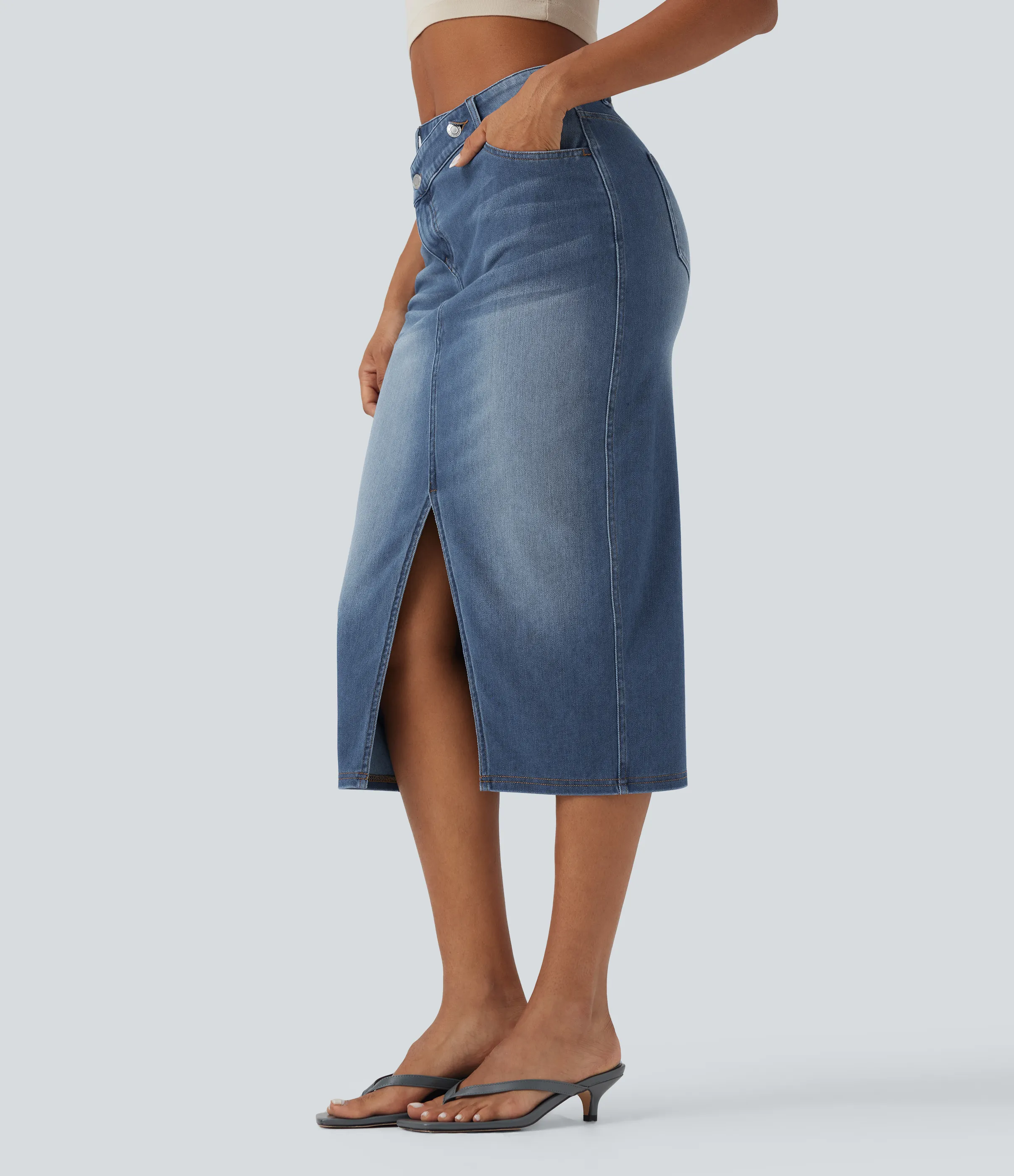 Halara Falda vaquera casual Halara Flex™ ajustada y asimétrica de tiro medio con abertura y bolsillos - Blue Jasper Denim - S(regular) sold by Halara product image thumbnail 4