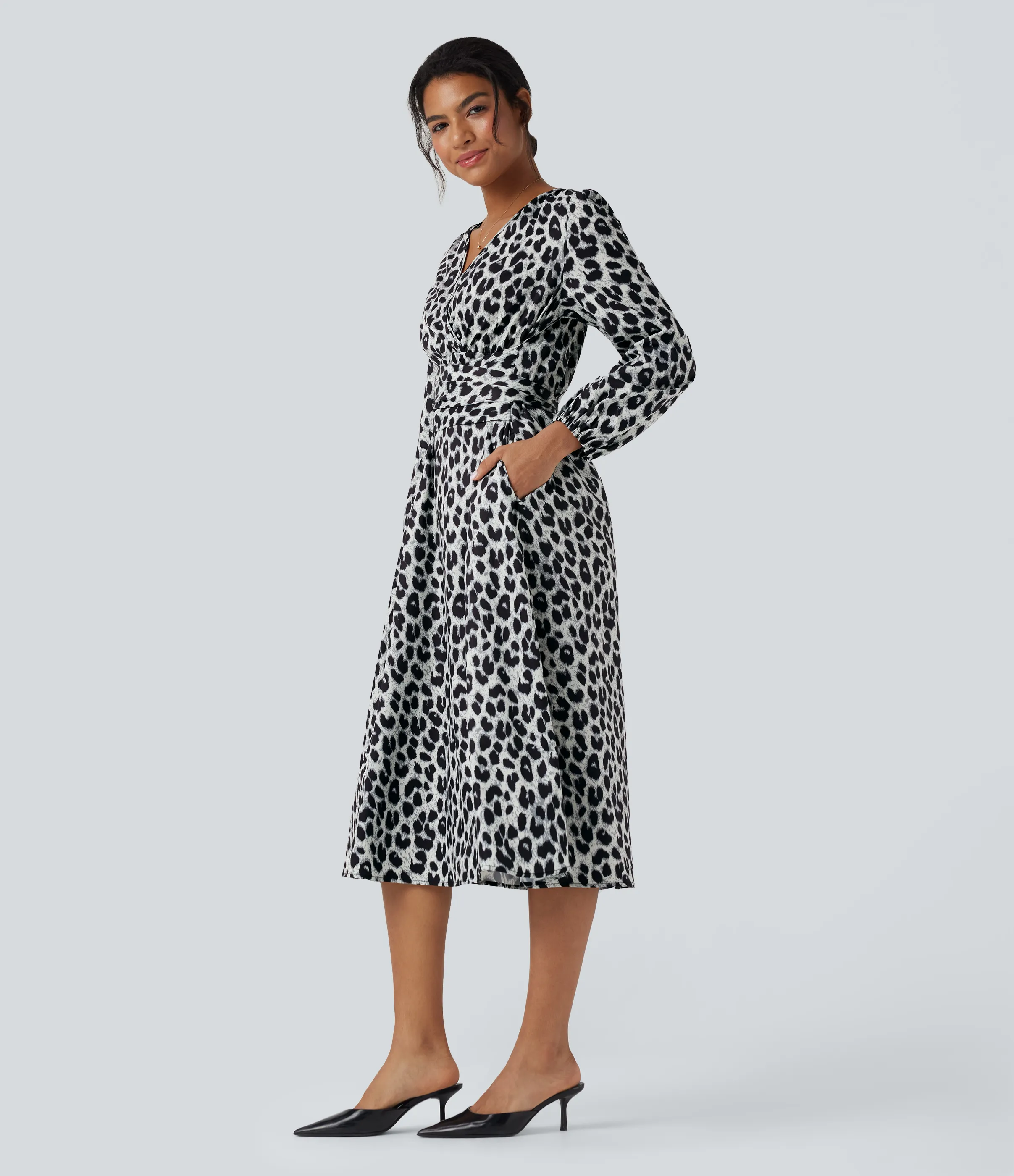 Halara Vestido casual midi con cuello en V de manga larga con lazo en la espalda y estampado de leopardo con bolsillos - Silver Leopard Print - XS sold by Halara product image thumbnail 4