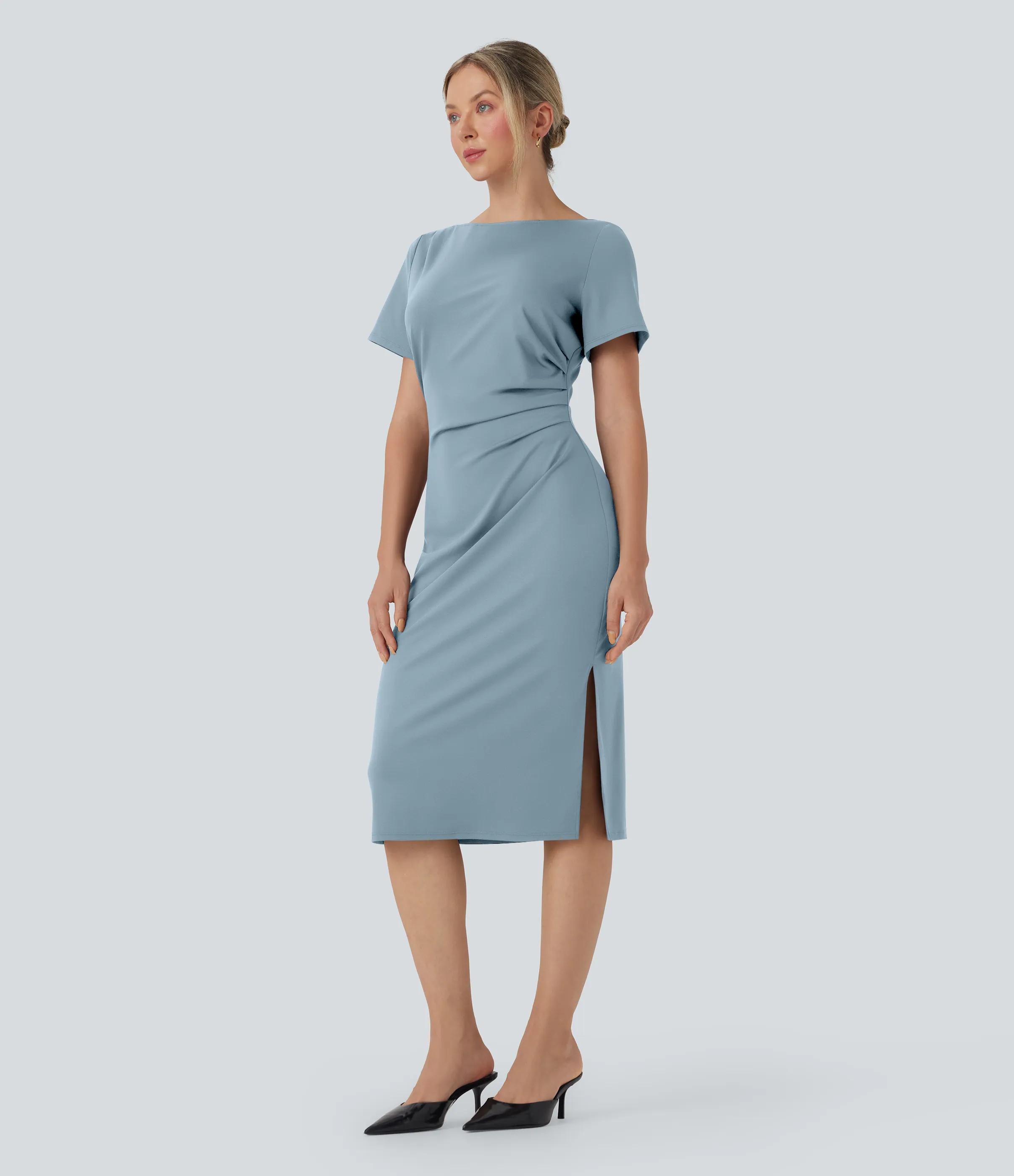 Halara Vestido de oficina midi de manga corta con fruncido - Moon Ice Blue - L sold by Halara product image thumbnail 2