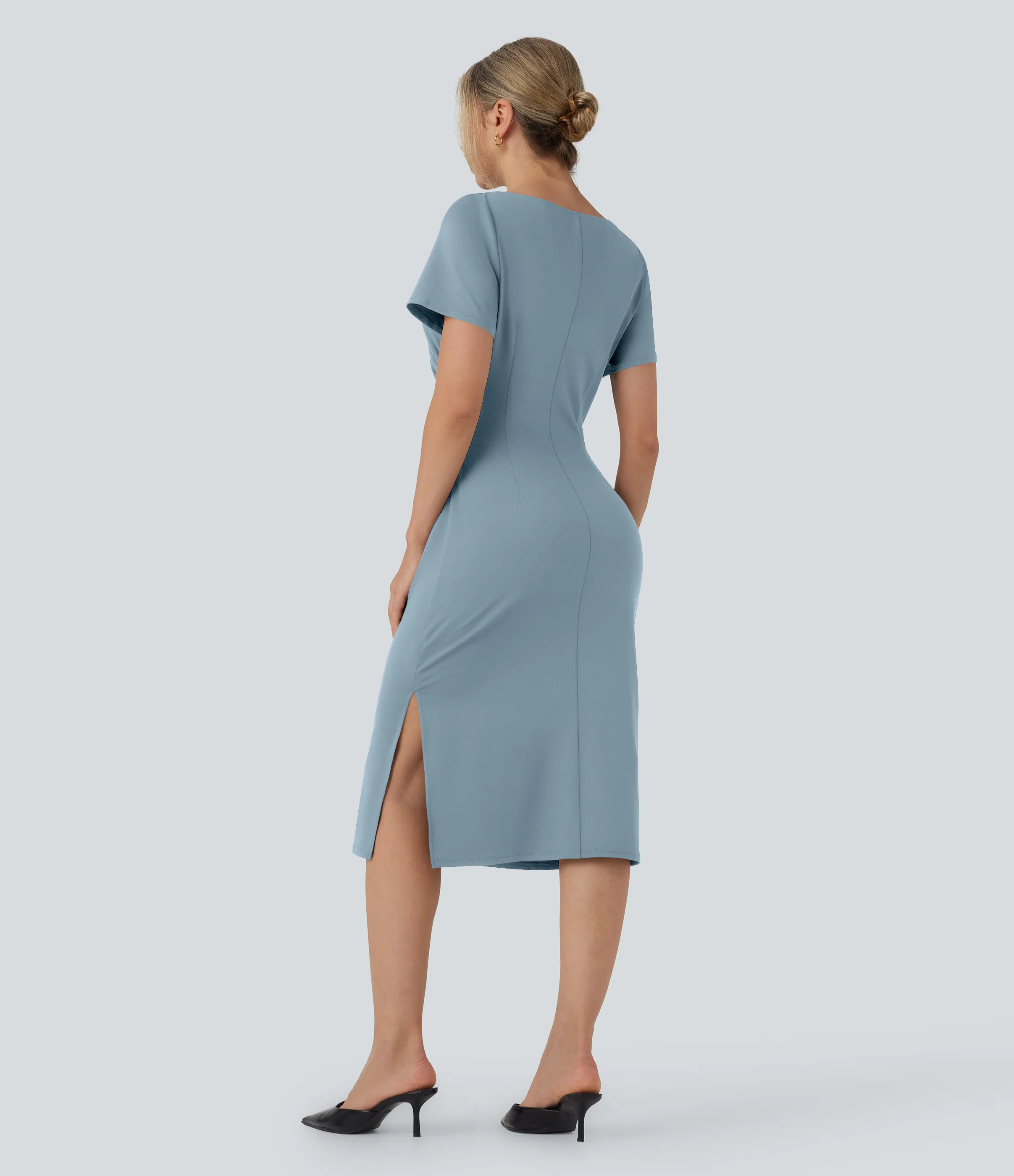 Halara Vestido de oficina midi de manga corta con fruncido - Moon Ice Blue - L sold by Halara product image thumbnail 3