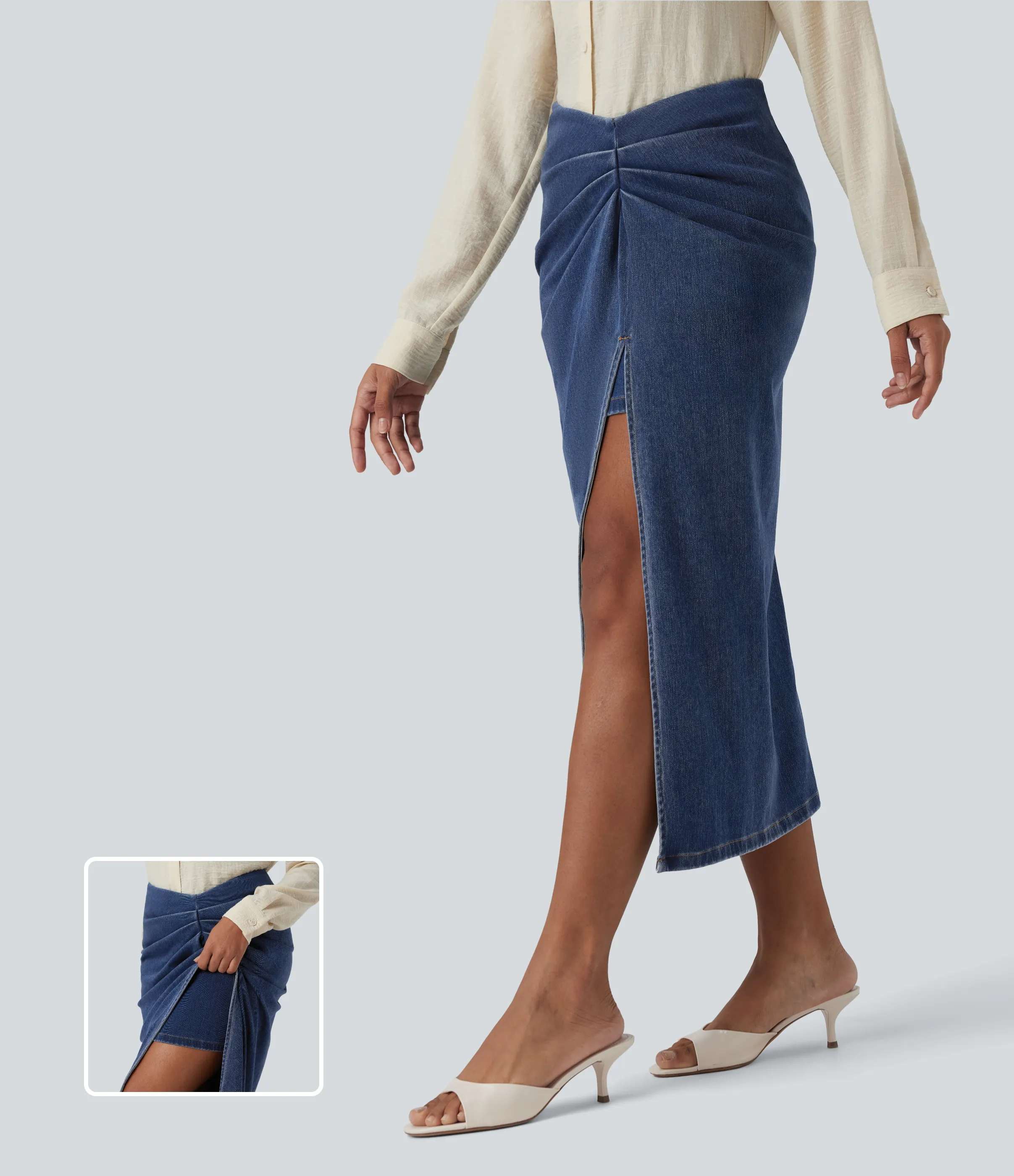 Halara Falda vaquera informal midi ajustada con abertura y cintura alta 2 en 1 de Halara Flex™ - Tide Blue Denim - L(regular) sold by Halara