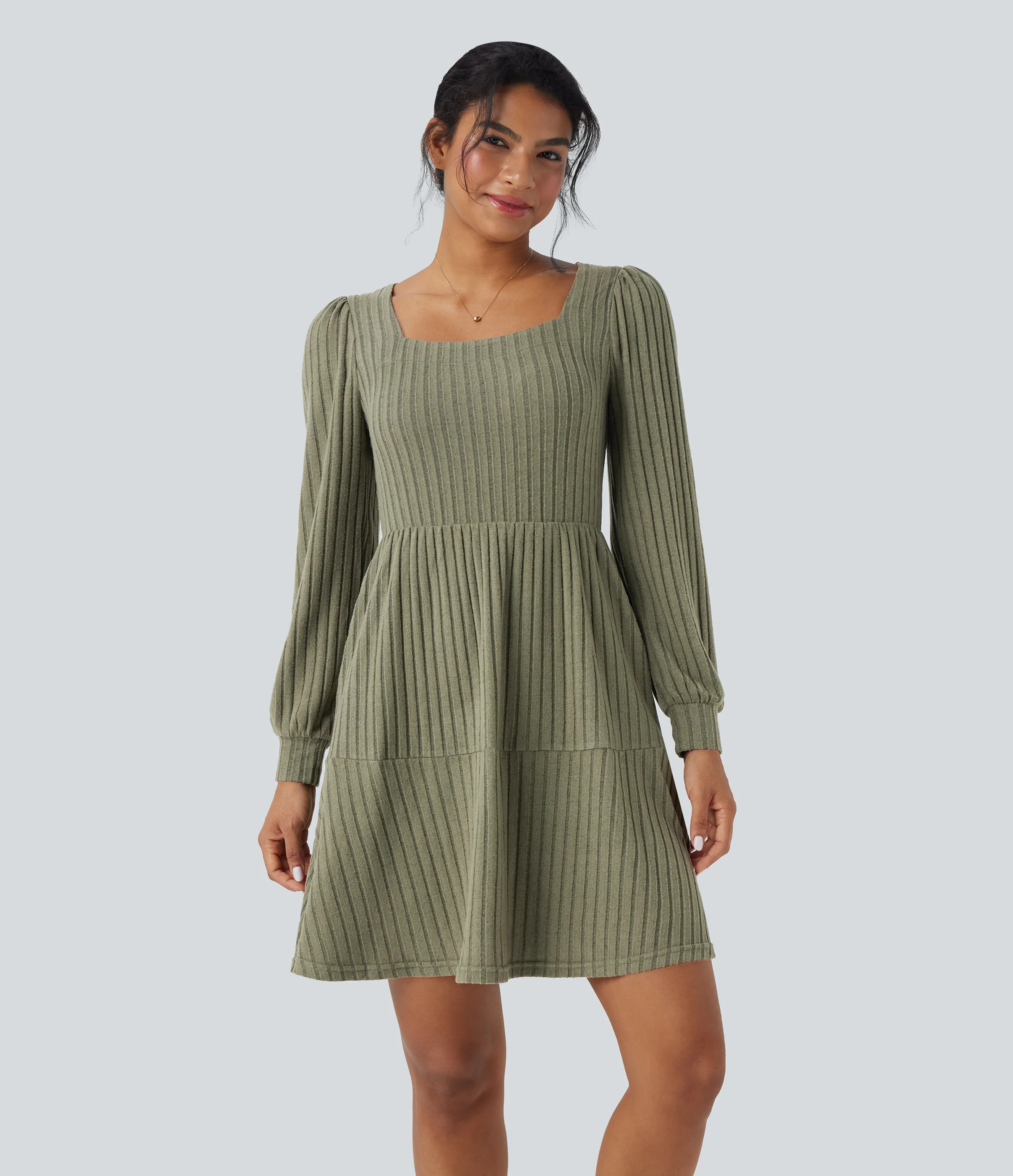 Halara Vestido casual de punto acanalado con cuello cuadrado manga larga abullonada y bolsillos - Frosty Pine Green - L sold by Halara product image thumbnail 4