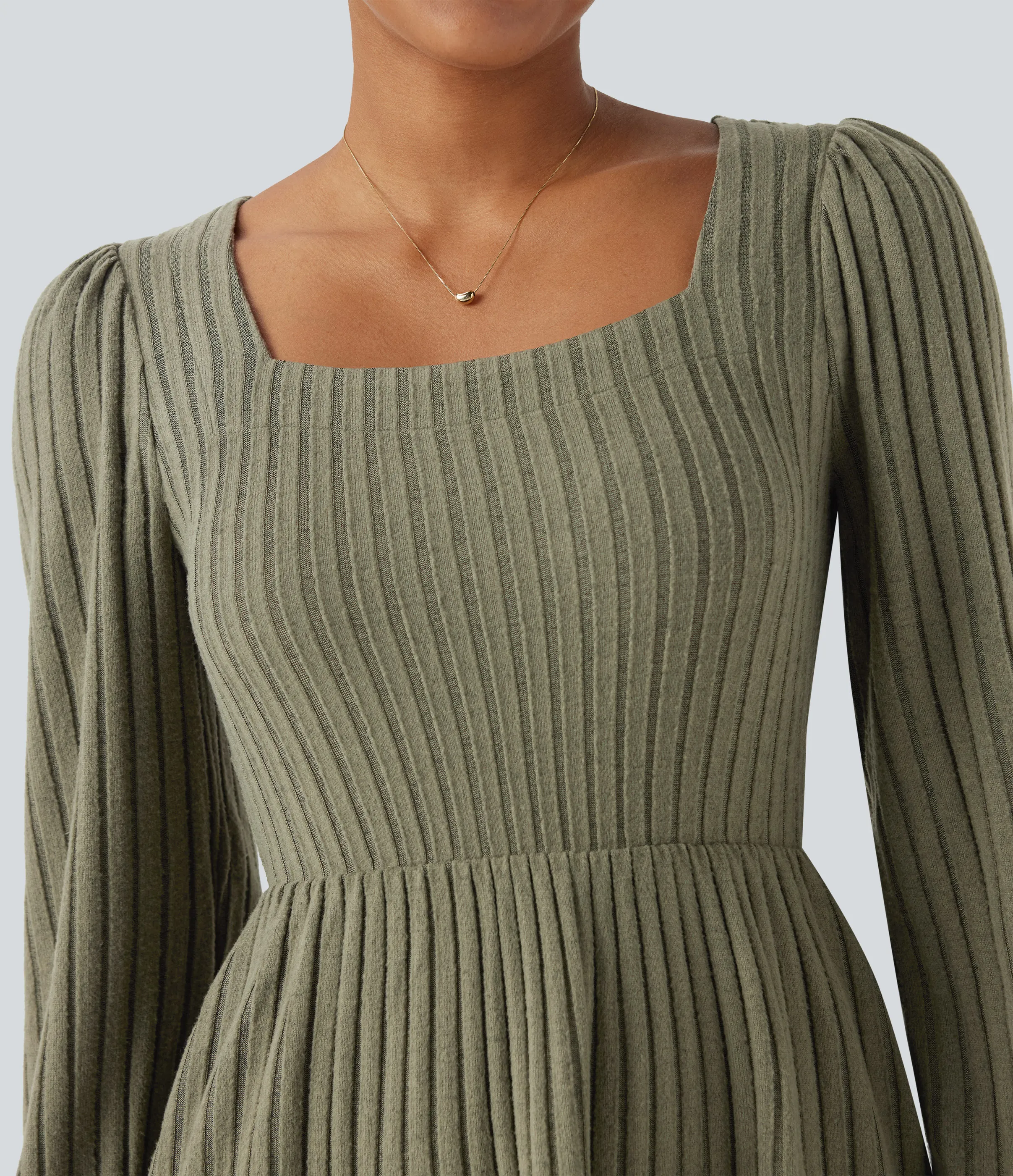 Halara Vestido casual de punto acanalado con cuello cuadrado manga larga abullonada y bolsillos - Frosty Pine Green - L sold by Halara product image thumbnail 5