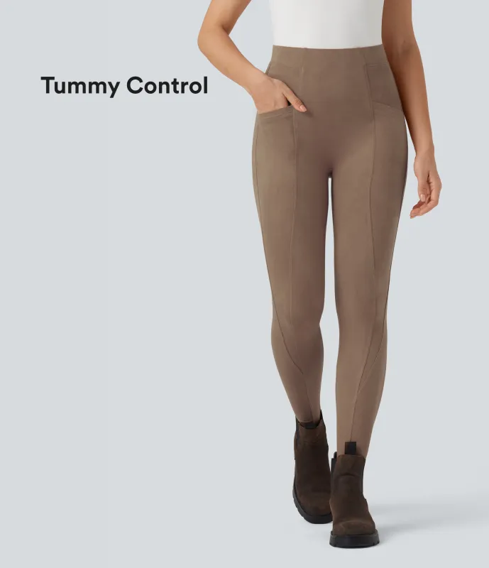 Halara Leggings casuales de ante de 7/8 con tiro alto y control de abdomen con bolsillos - Coca Mocha - L(7/8) sold by Halara
