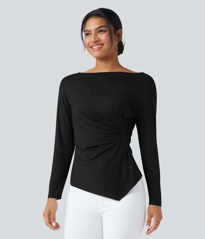 Halara Blusa de oficina ajustada de manga larga con cuello barco y dobladillo asimétrico fruncido - Black - M made by Halara