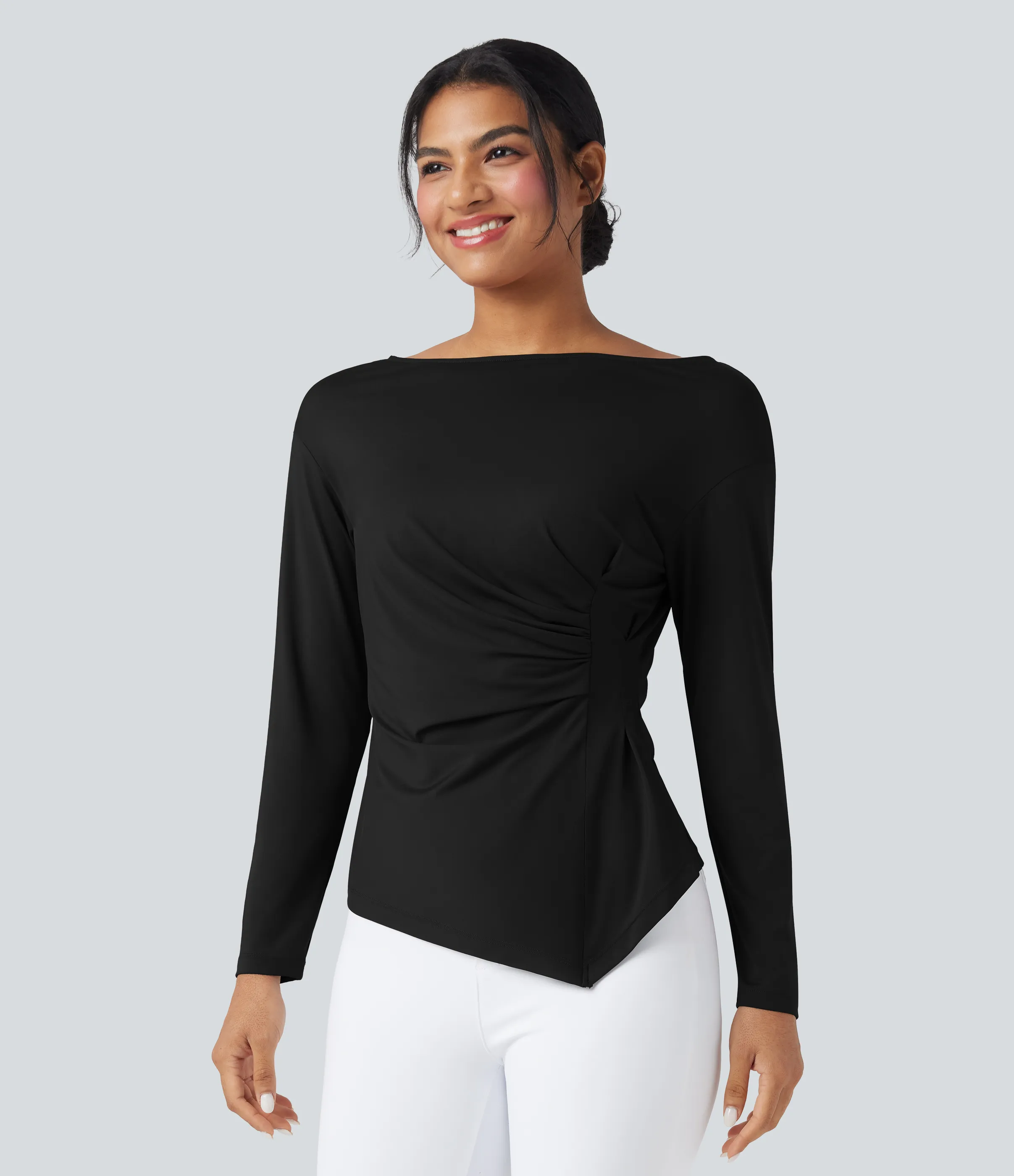 Halara Blusa de oficina ajustada de manga larga con cuello barco y dobladillo asimétrico fruncido - Black - M sold by Halara