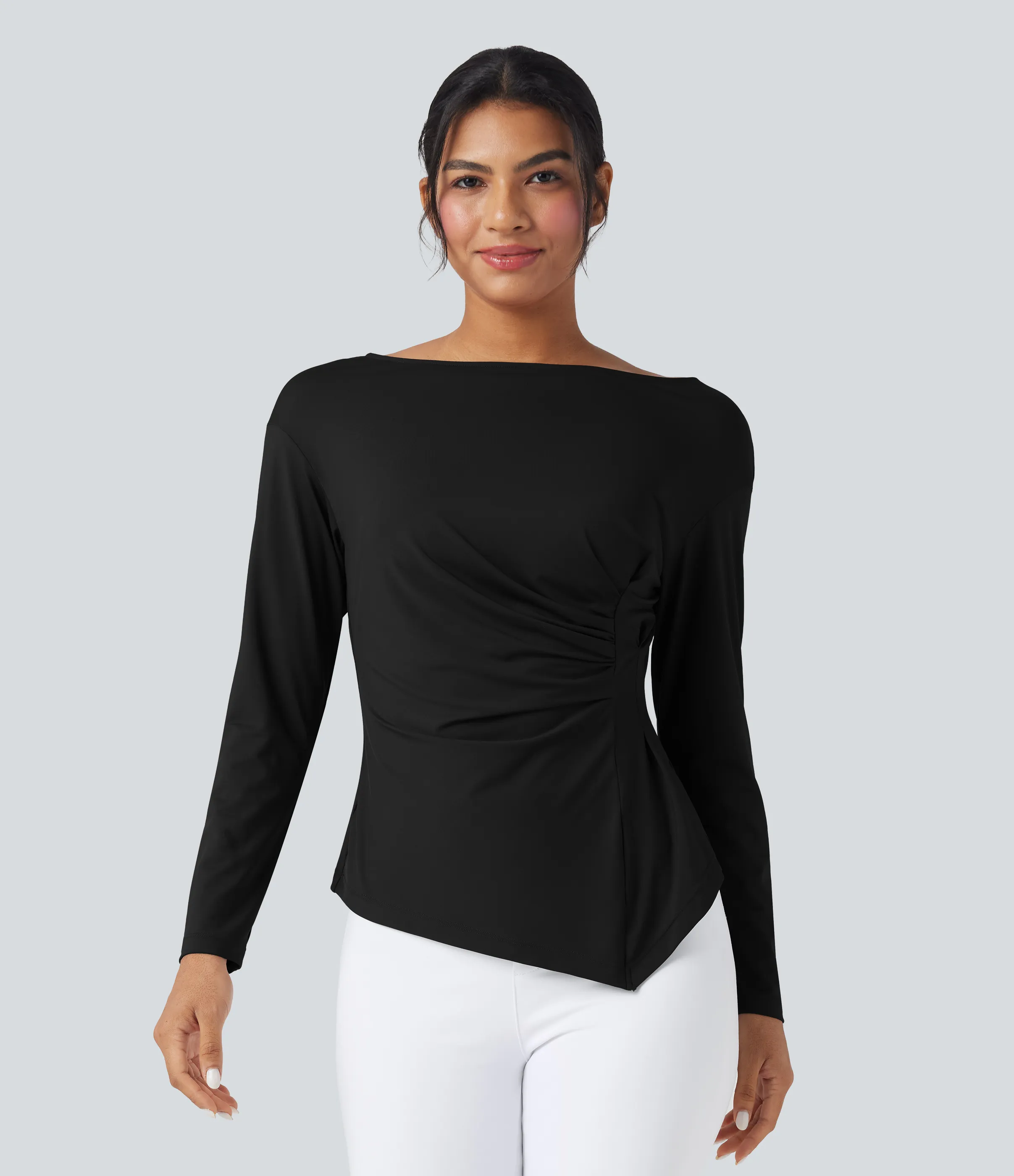 Halara Blusa de oficina ajustada de manga larga con cuello barco y dobladillo asimétrico fruncido - Black - M sold by Halara product image thumbnail 4