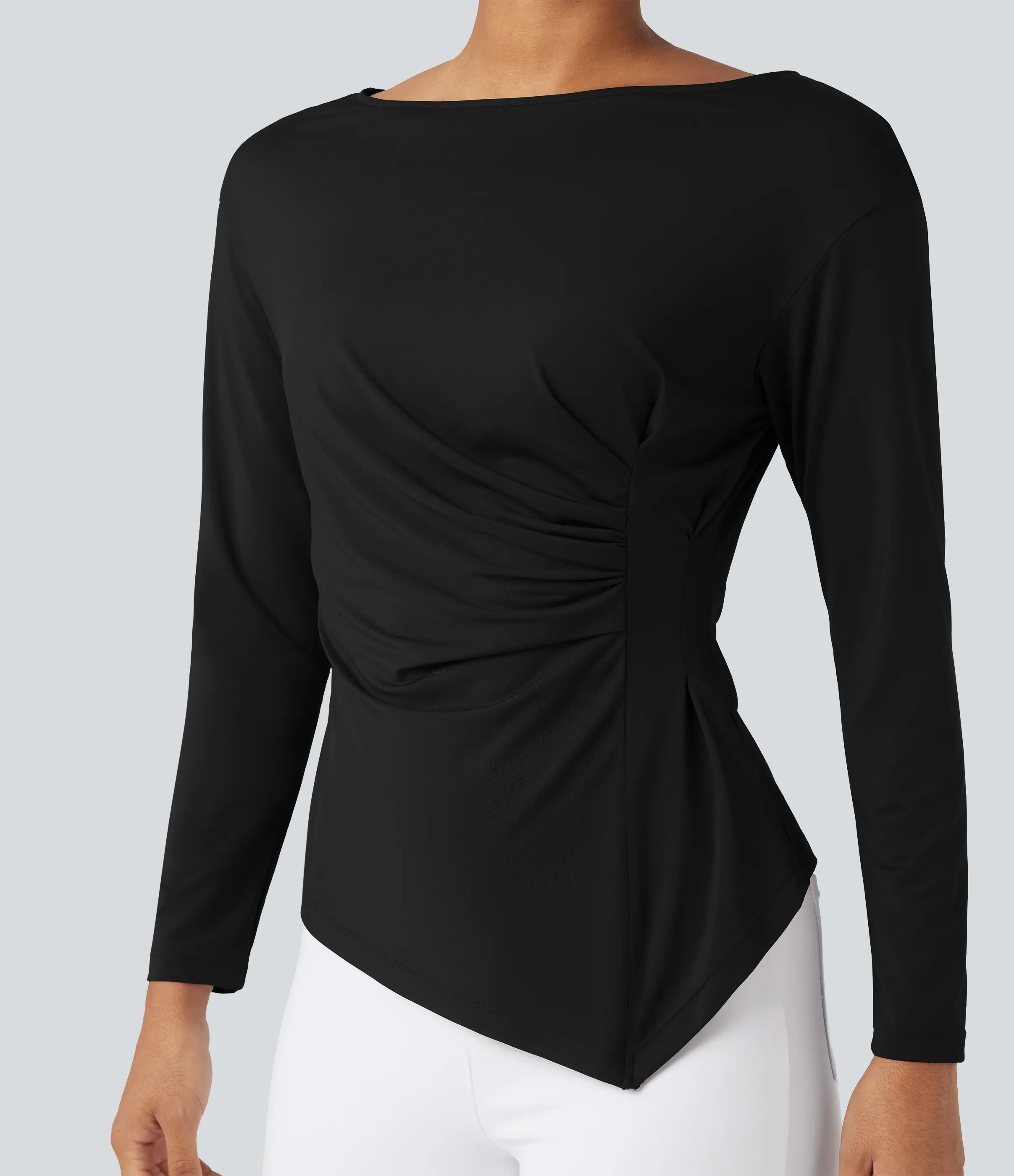 Halara Blusa de oficina ajustada de manga larga con cuello barco y dobladillo asimétrico fruncido - Black - M sold by Halara product image thumbnail 5