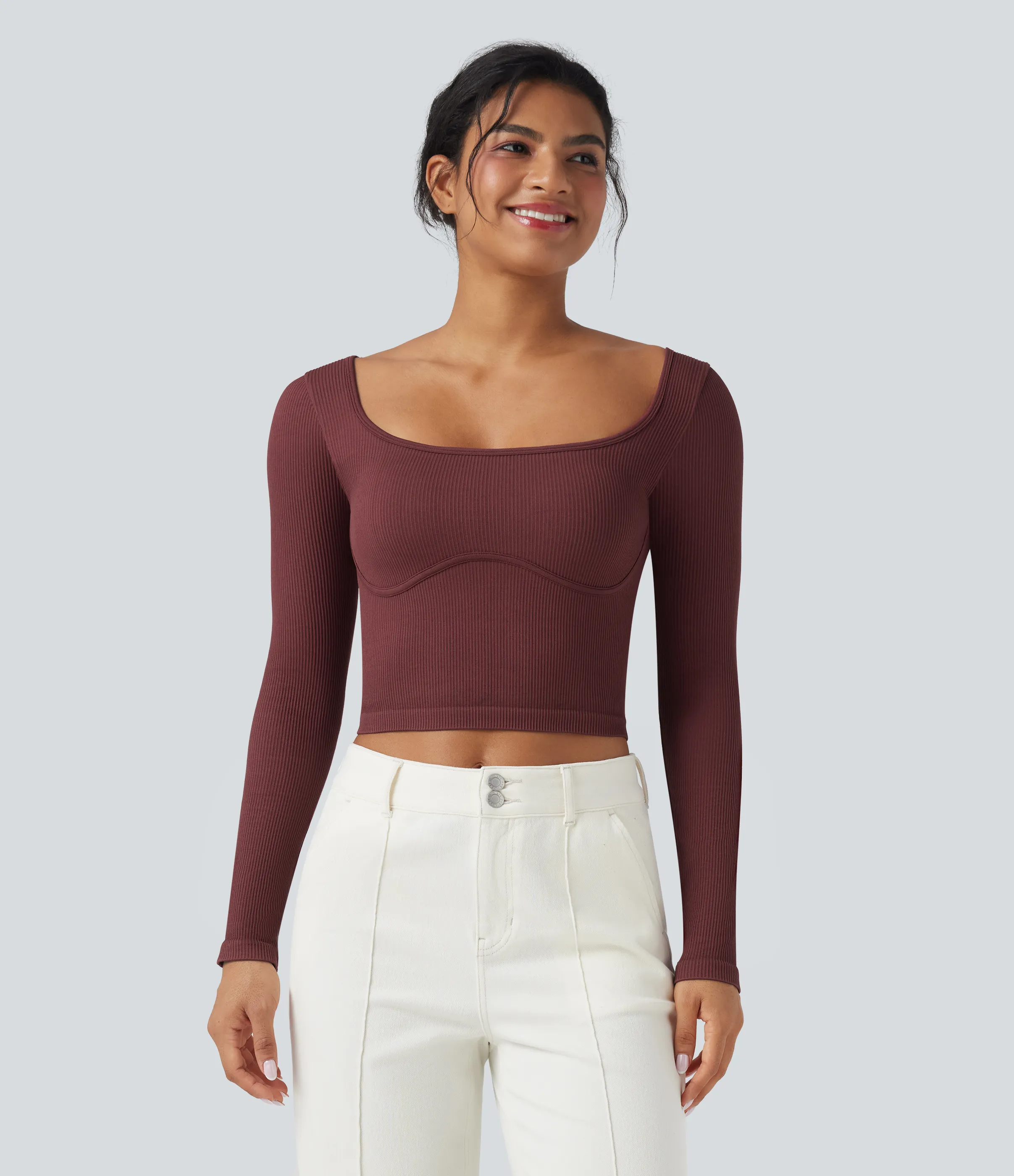 Halara Top deportivo de yoga de manga larga con cuello en U y sin costuras - Port - L sold by Halara product image thumbnail 3