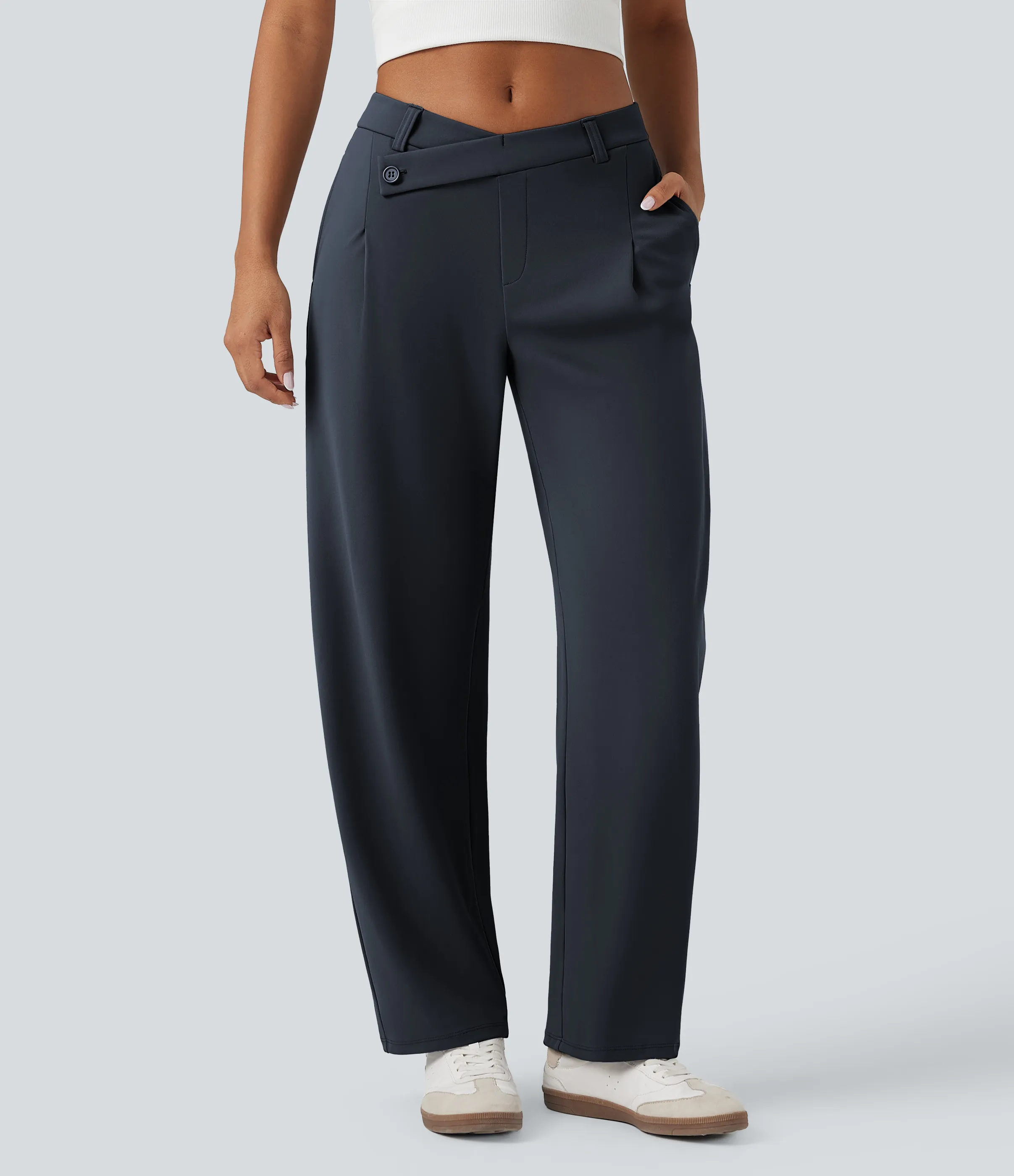 Halara Pantalones casuales asimétricos de tiro medio y cintura estrecha con bolsillos - Midnight Blue - S(regular) sold by Halara