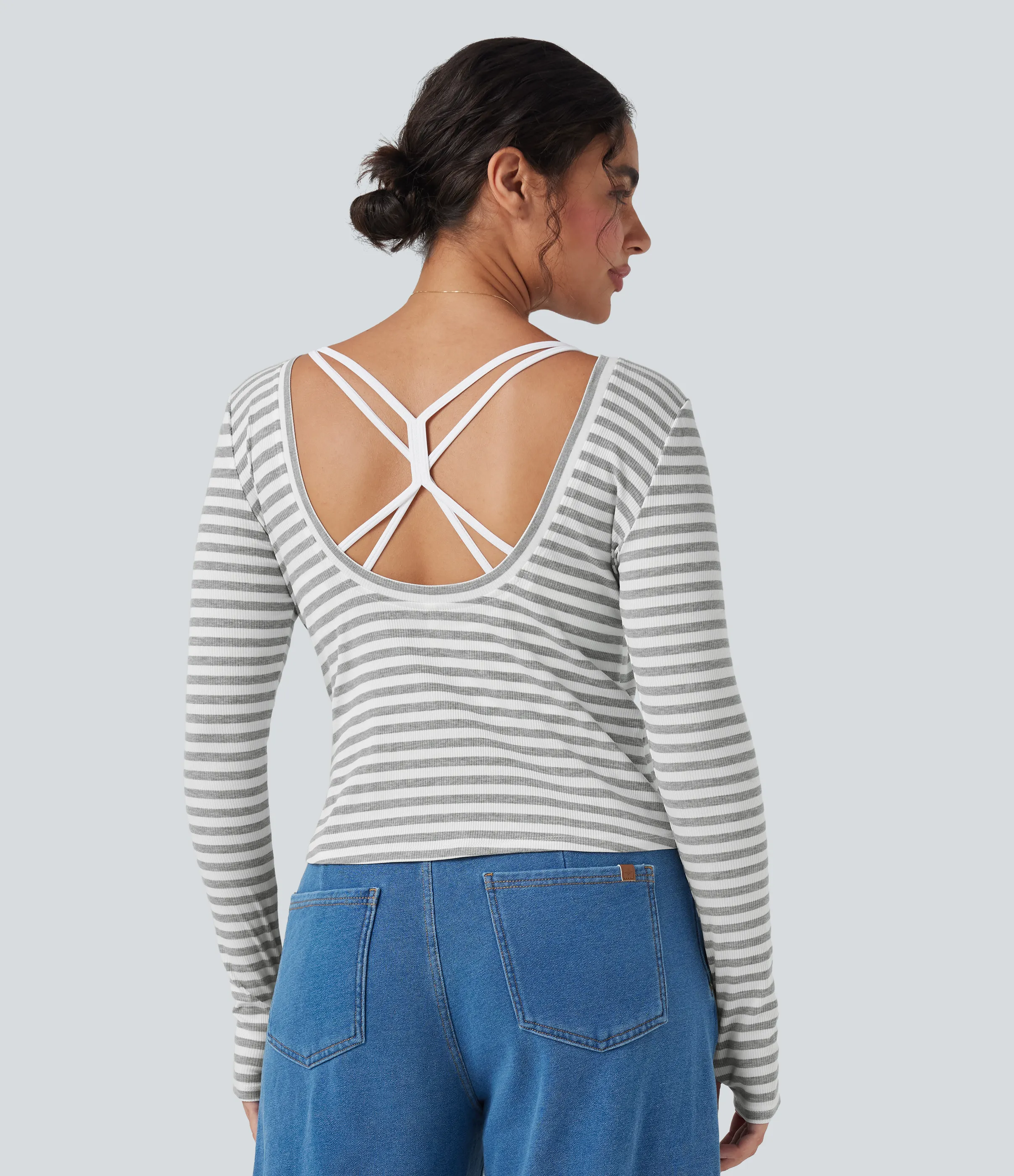 Halara Top casual de rayas de manga larga con cuello barco y abertura para el pulgar - Gray White Horizontal Stripe - S sold by Halara product image thumbnail 3