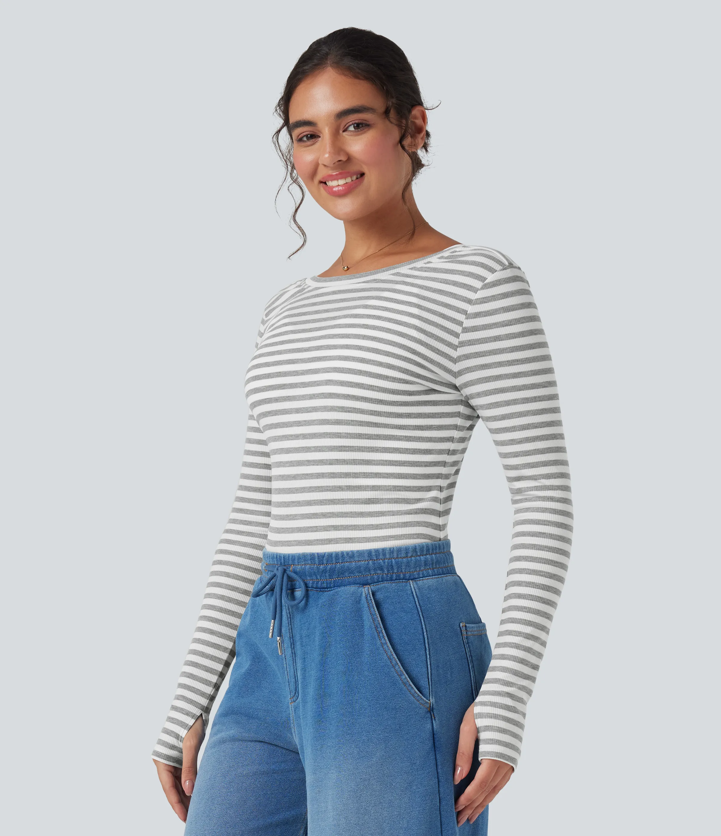 Halara Top casual de rayas de manga larga con cuello barco y abertura para el pulgar - Gray White Horizontal Stripe - S sold by Halara product image thumbnail 4