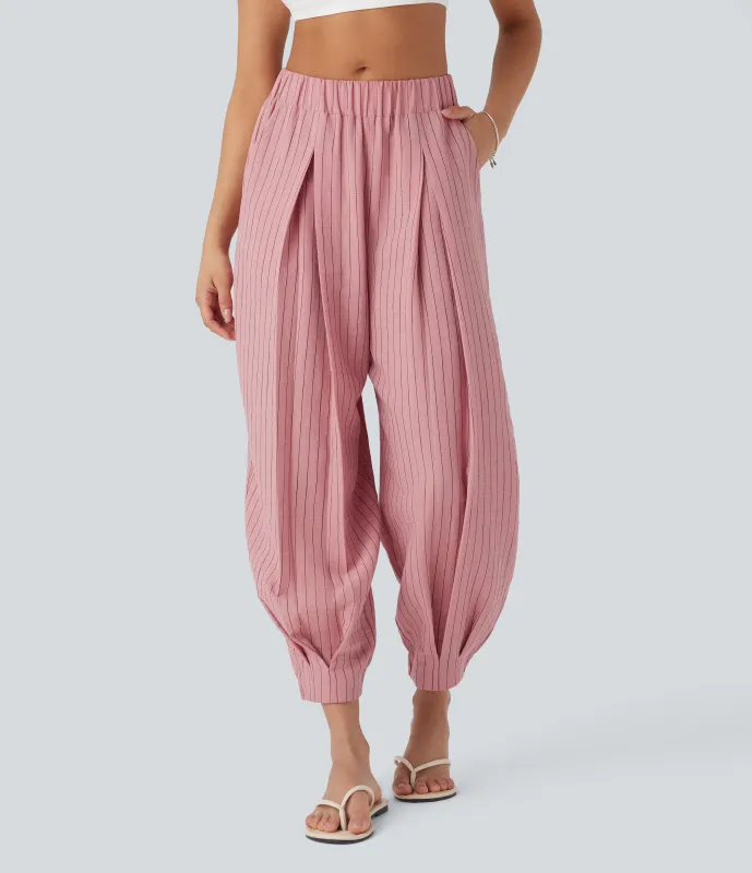 Halara Joggers casuales de lino con rayas de tiro medio y múltiples bolsillos - Candy Pink Black Yarn Dye Stripes - XS(regular) sold by Halara