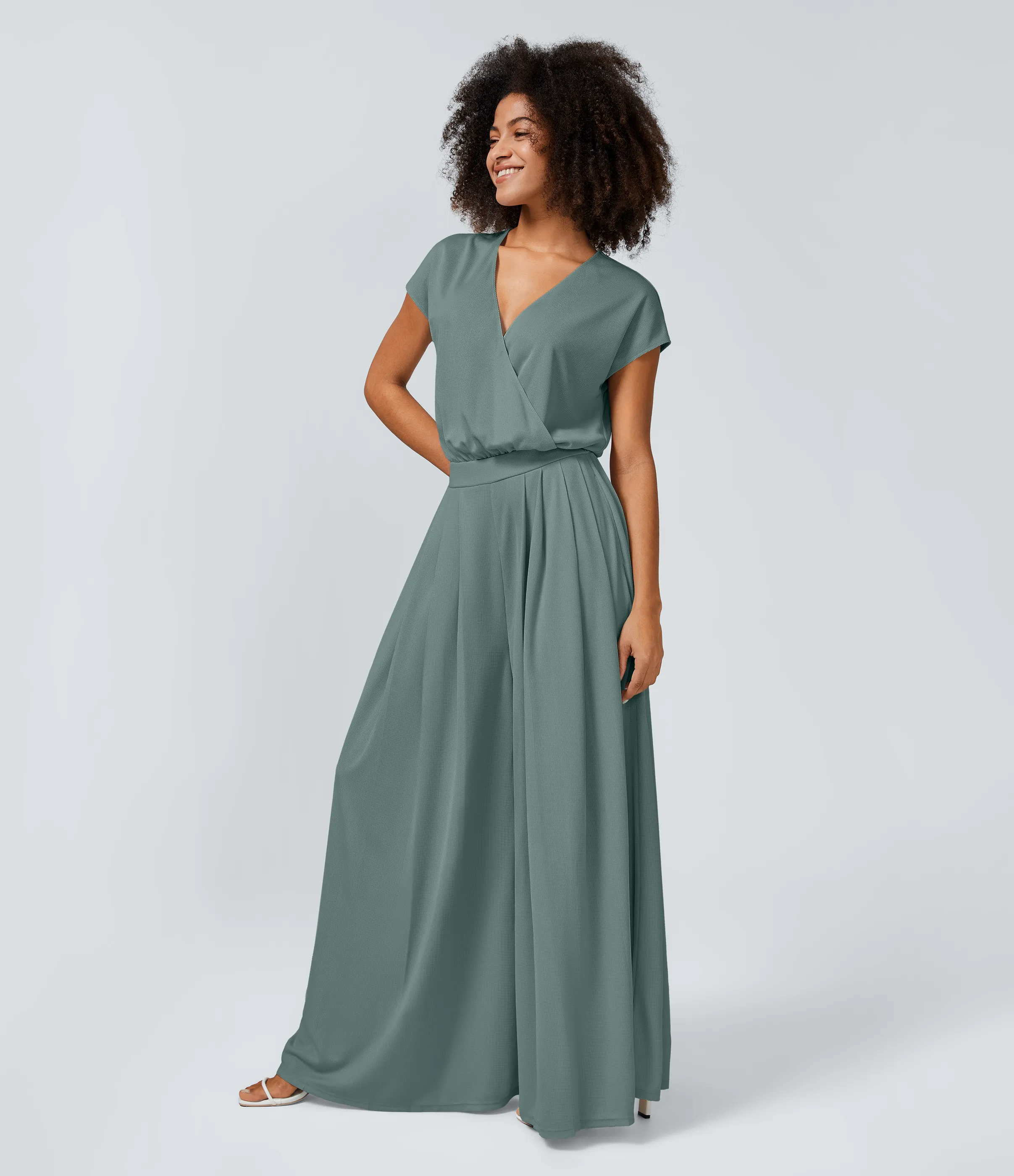 Halara Mono cuello V manga corta bolsillo lateral plisado pierna ancha - Bronze Stone Green - M(regular) sold by Halara product image thumbnail 4