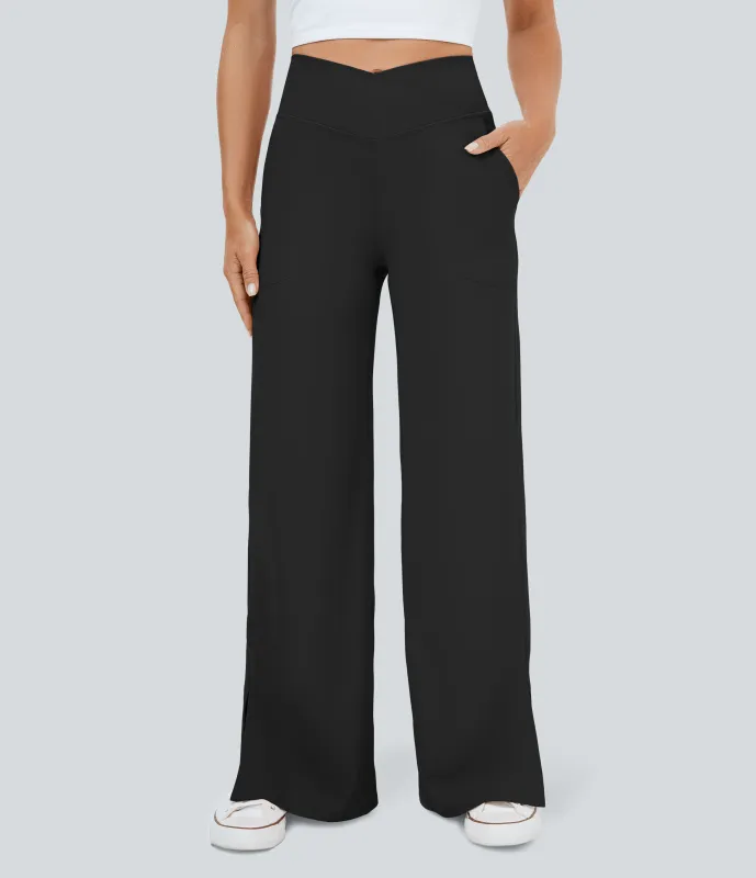 Halara Pantalón recto y ancho Smile con cintura en V con bolsillos y abertura en el bajo - Black - XS sold by Halara