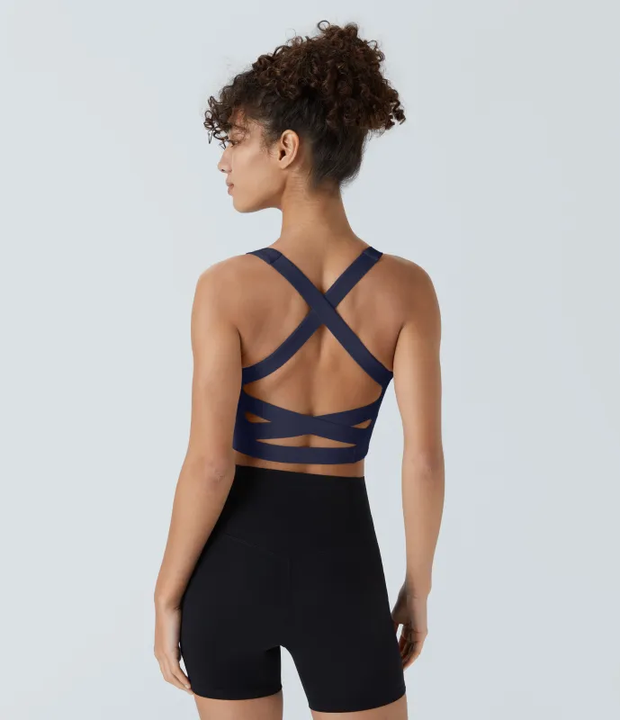 Halara Top corto de yoga SoftlyZero™ Airy con escote cuadrado, sin espalda, tirantes cruzados y tacto fresco-UPF50+ en copas D-F - Peacoat - XL sold by Halara