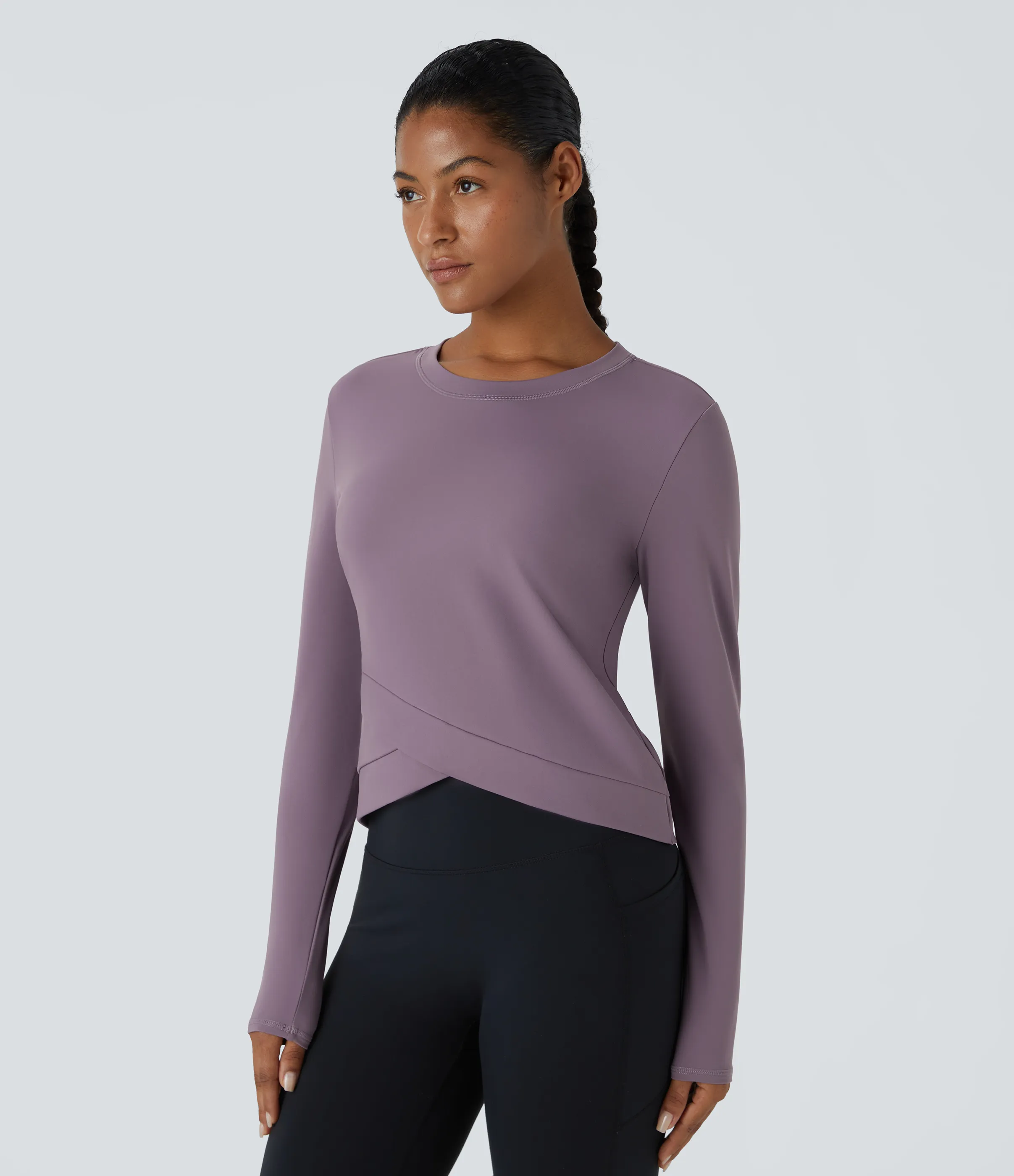 Halara Camiseta deportiva Softlyzero™ Plush de manga larga con dobladillo cruzado y cuello redondo - Tulip Purple - M sold by Halara product image thumbnail 4